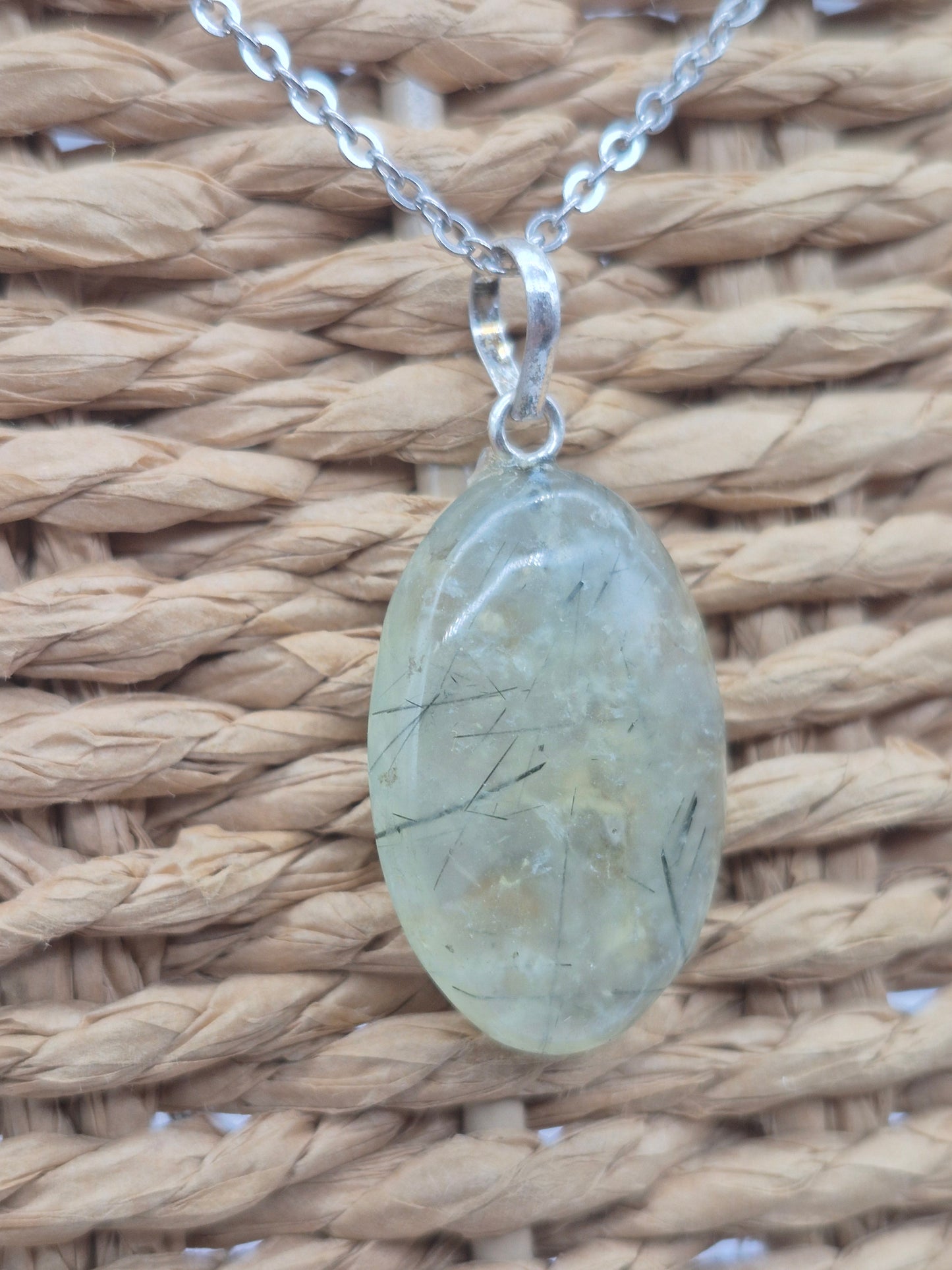 Prehnite Pendant Necklace with Green Tourmaline, Silver Hoop with Steel Chain
