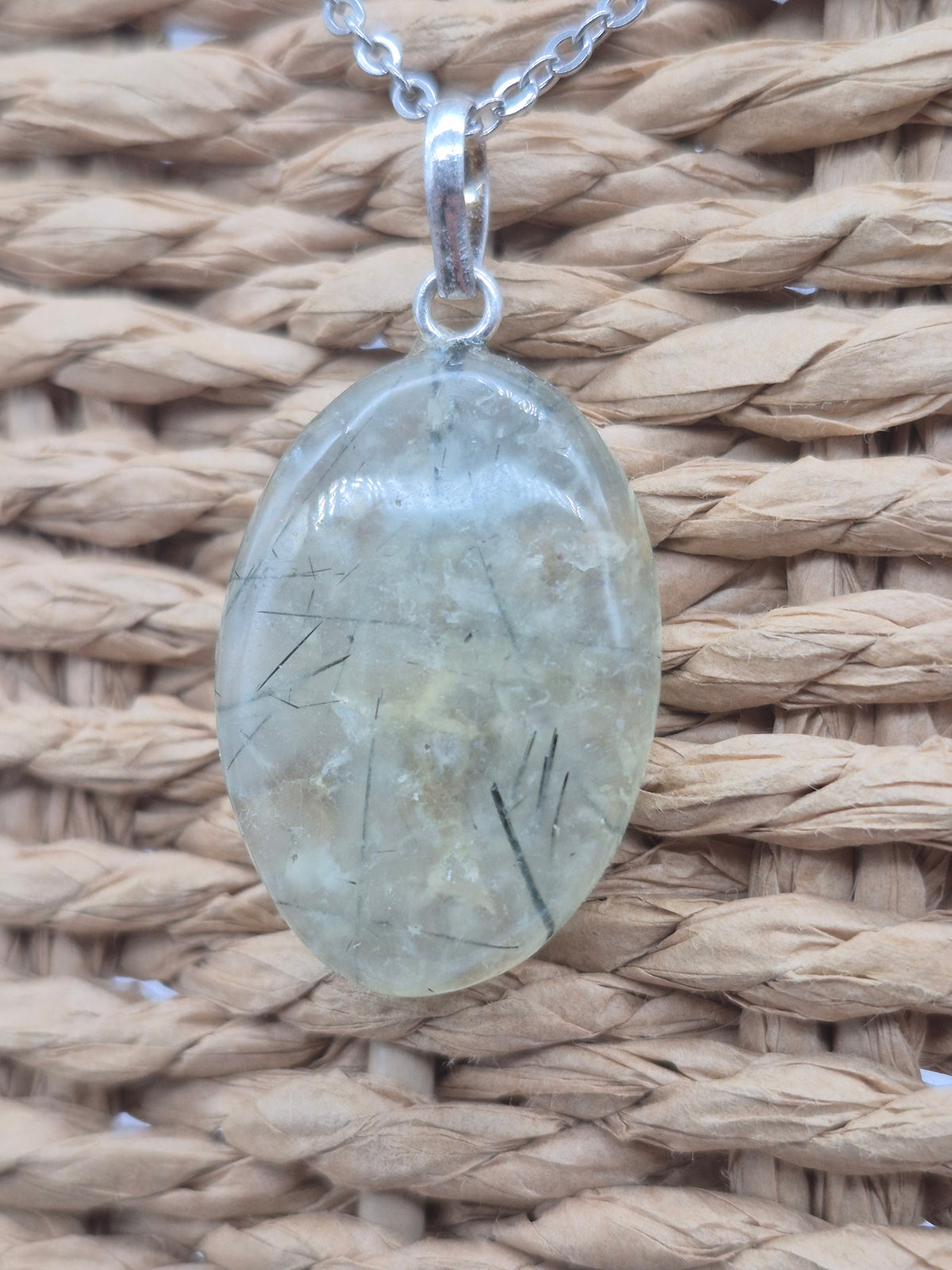 Prehnite Pendant Necklace with Green Tourmaline, Silver Hoop with Steel Chain