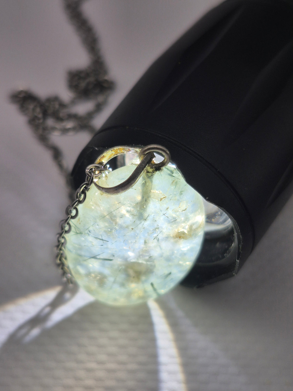 Prehnite Pendant Necklace with Green Tourmaline, Silver Hoop with Steel Chain