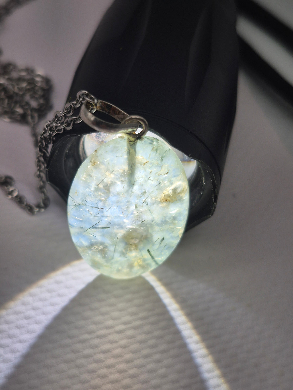 Prehnite Pendant Necklace with Green Tourmaline, Silver Hoop with Steel Chain