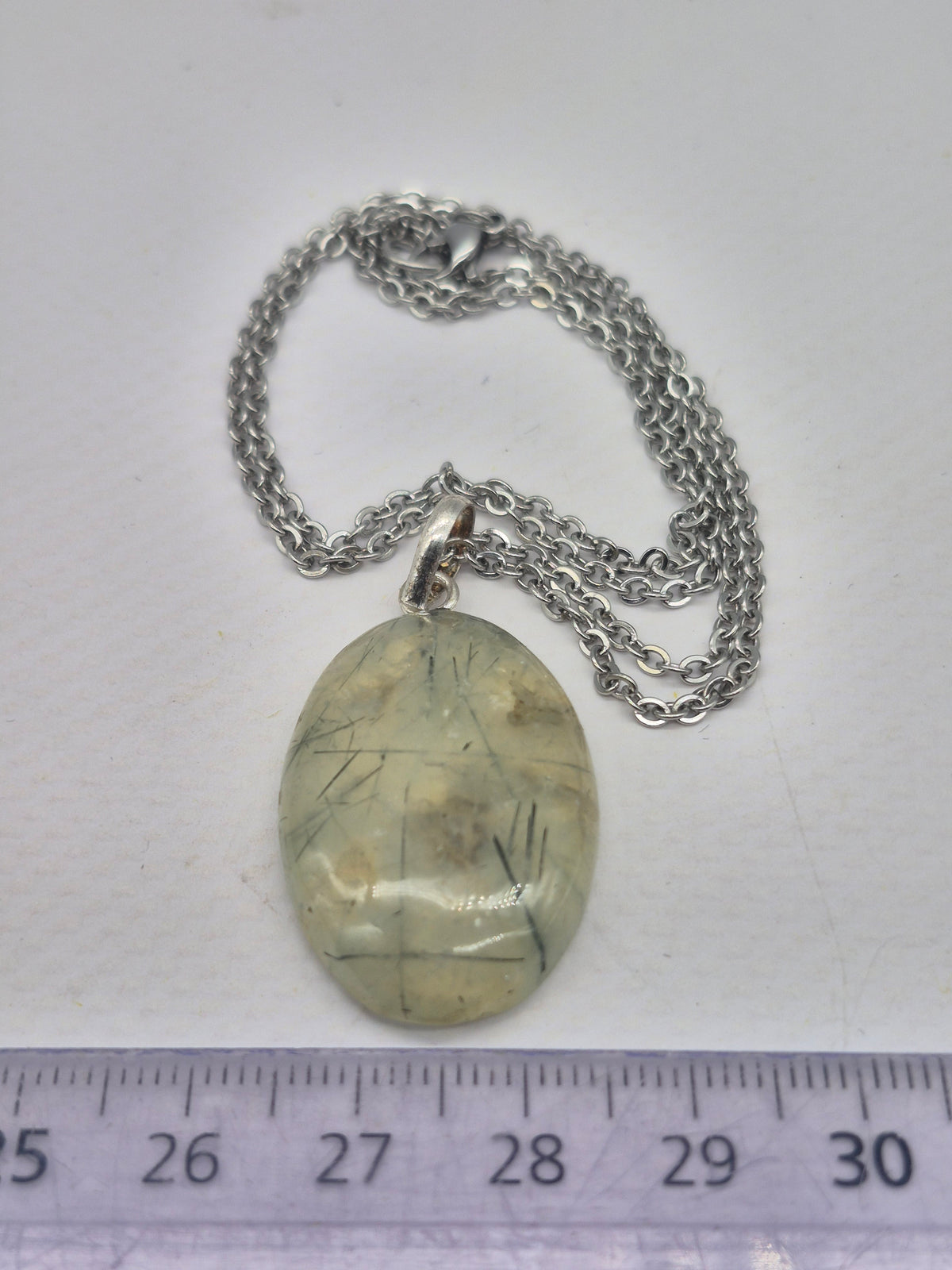 Prehnite Pendant Necklace with Green Tourmaline, Silver Hoop with Steel Chain