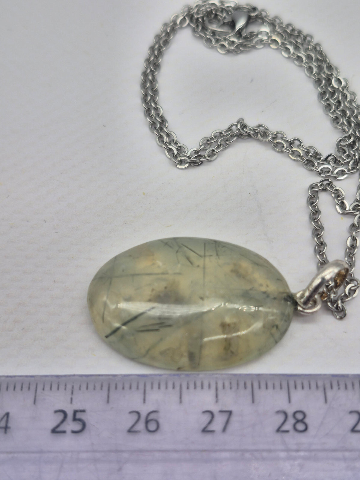 Prehnite Pendant Necklace with Green Tourmaline, Silver Hoop with Steel Chain