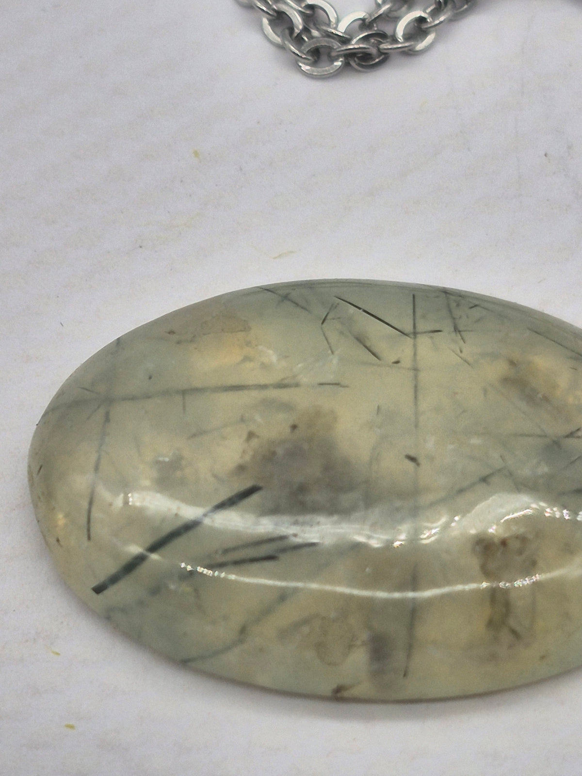 Prehnite Pendant Necklace with Green Tourmaline, Silver Hoop with Steel Chain