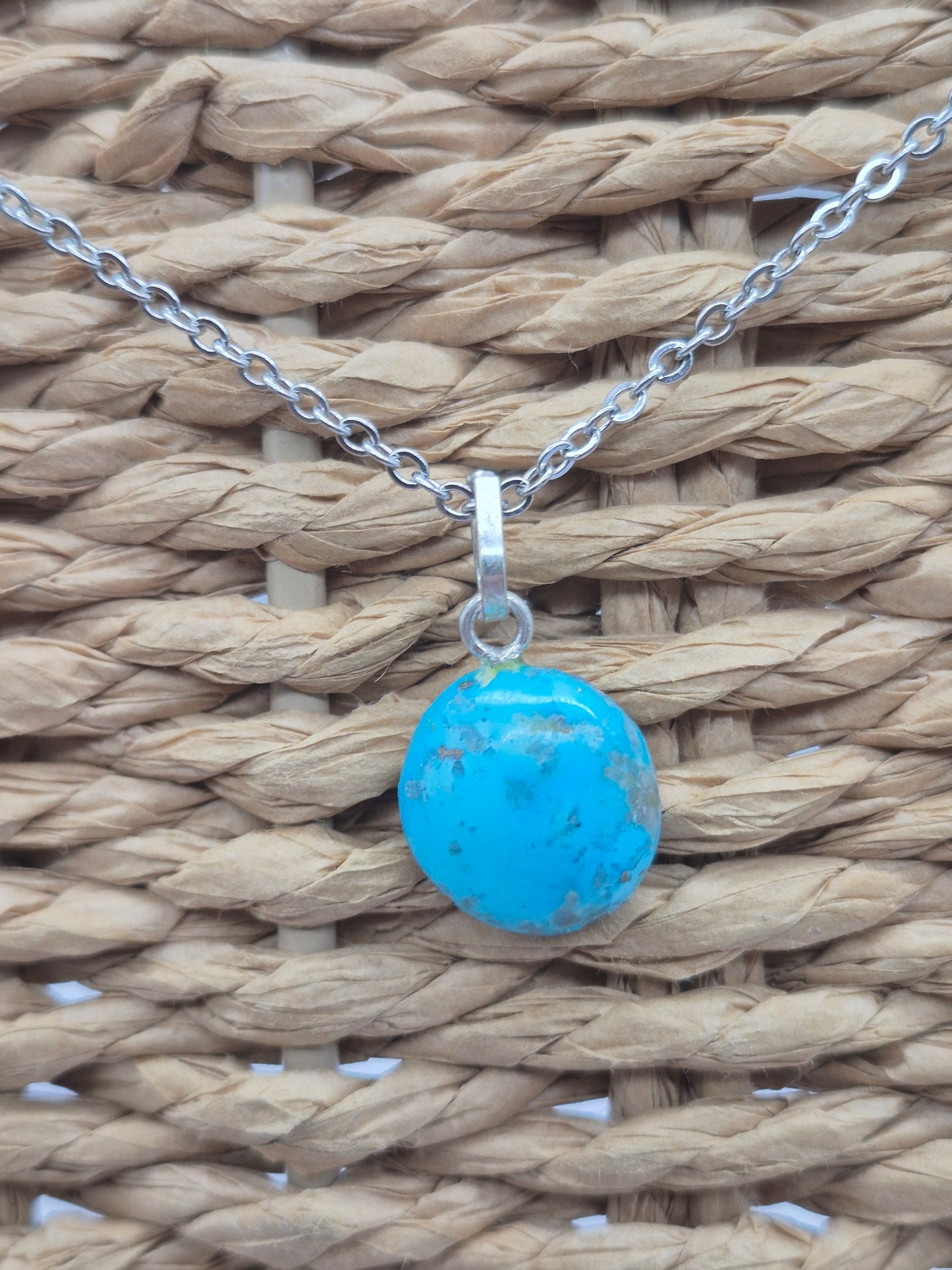 Authentic Natural Turquoise Round Pendant: Stailnless steel Chain, Healing Crystal