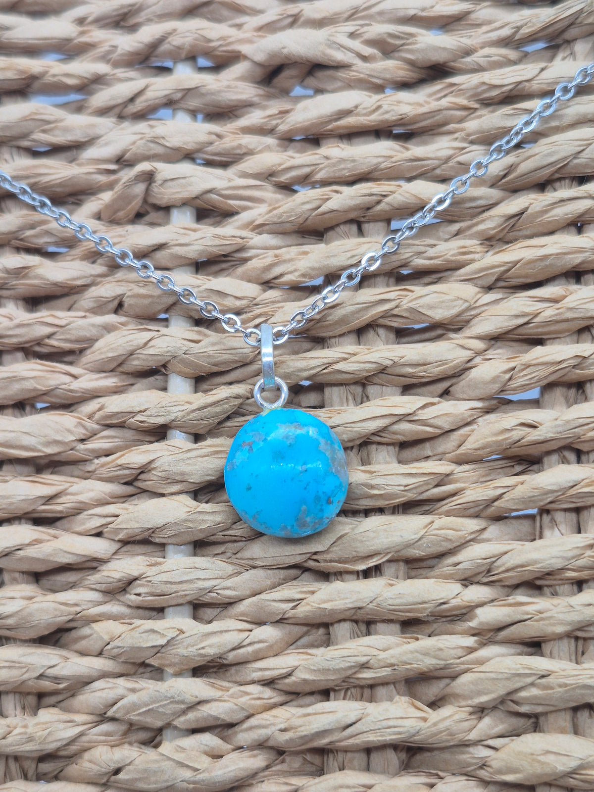 Authentic Natural Turquoise Round Pendant: Stailnless steel Chain, Healing Crystal