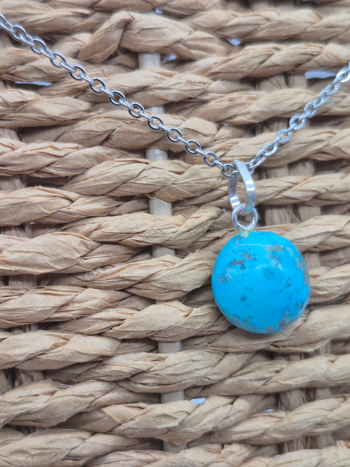 Authentic Natural Turquoise Round Pendant: Stailnless steel Chain, Healing Crystal