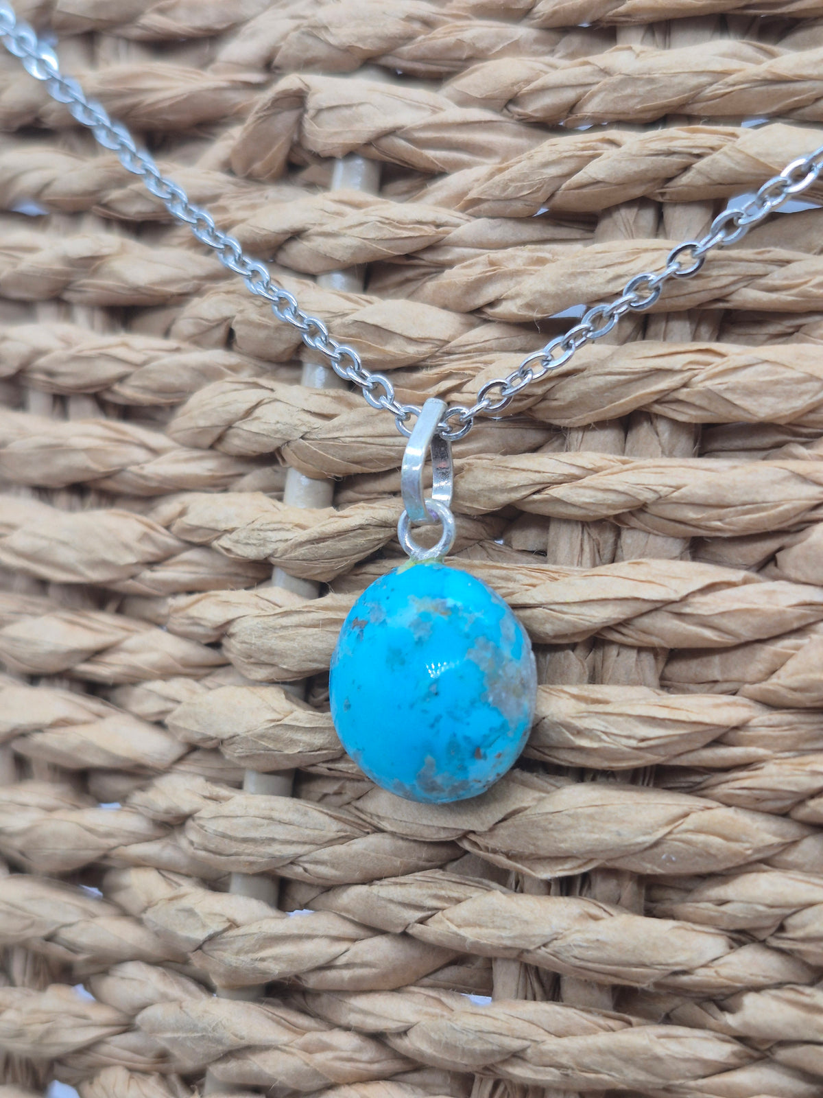 Authentic Natural Turquoise Round Pendant: Stailnless steel Chain, Healing Crystal
