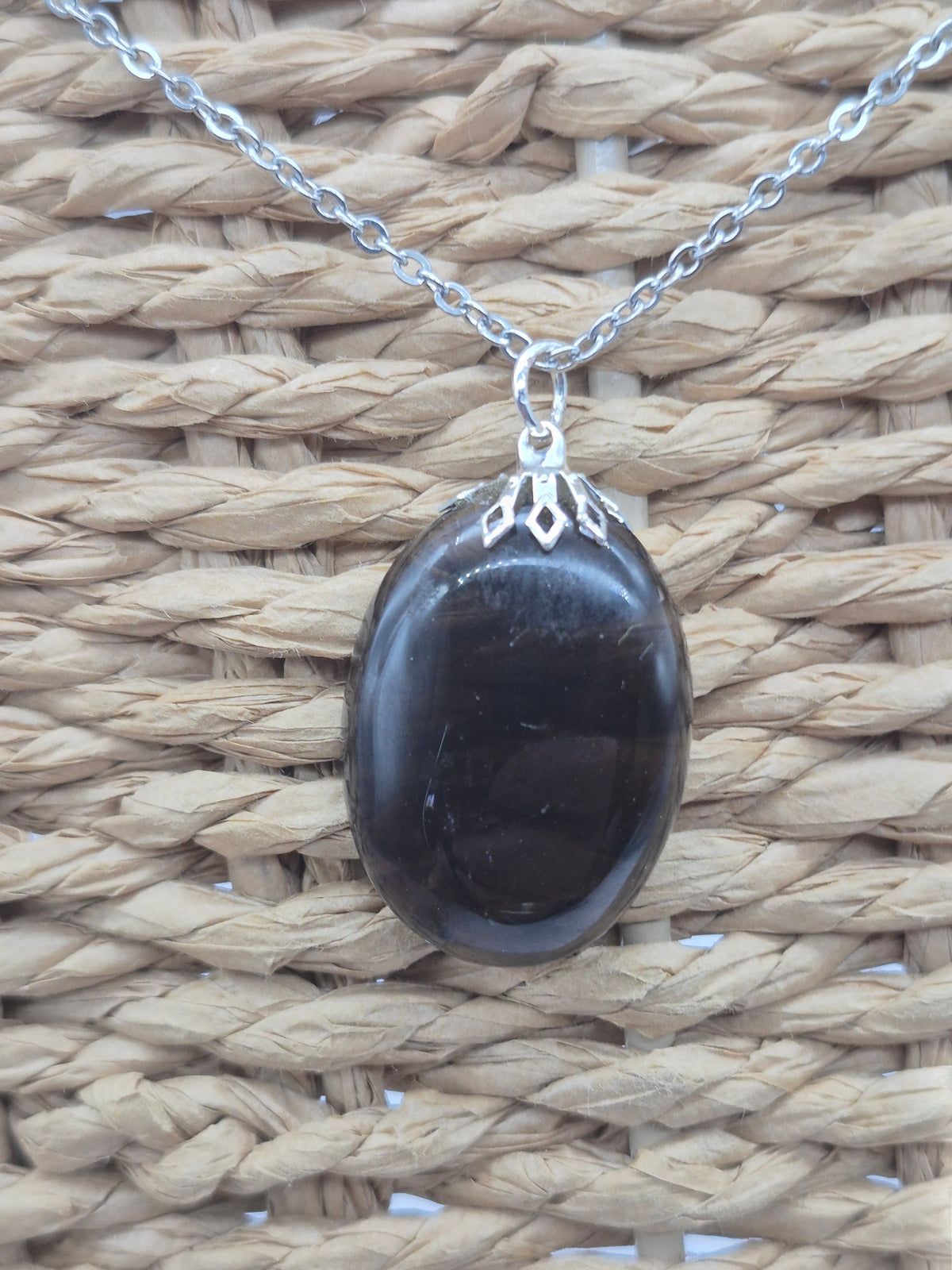 Smoked Quartz Oval Shaped Silver Hoop, Stailnless steel Chain, Healing Crystal