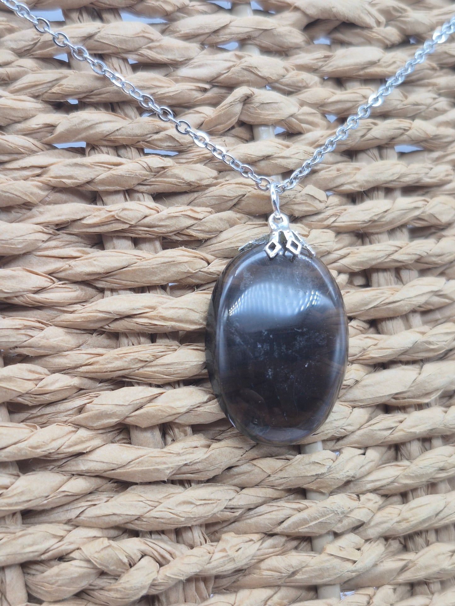 Smoked Quartz Oval Shaped Silver Hoop, Stailnless steel Chain, Healing Crystal