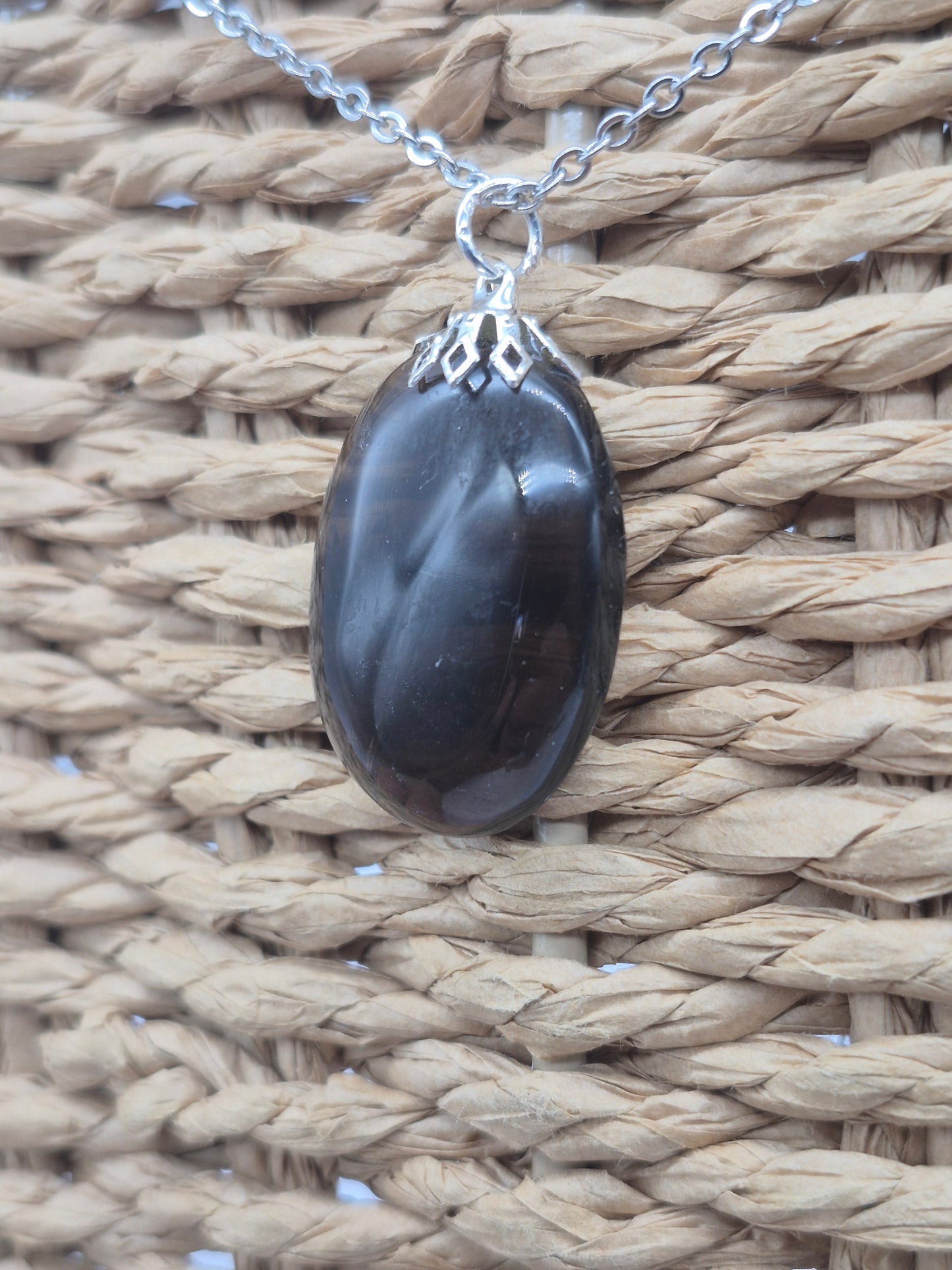 Smoked Quartz Oval Shaped Silver Hoop, Stailnless steel Chain, Healing Crystal