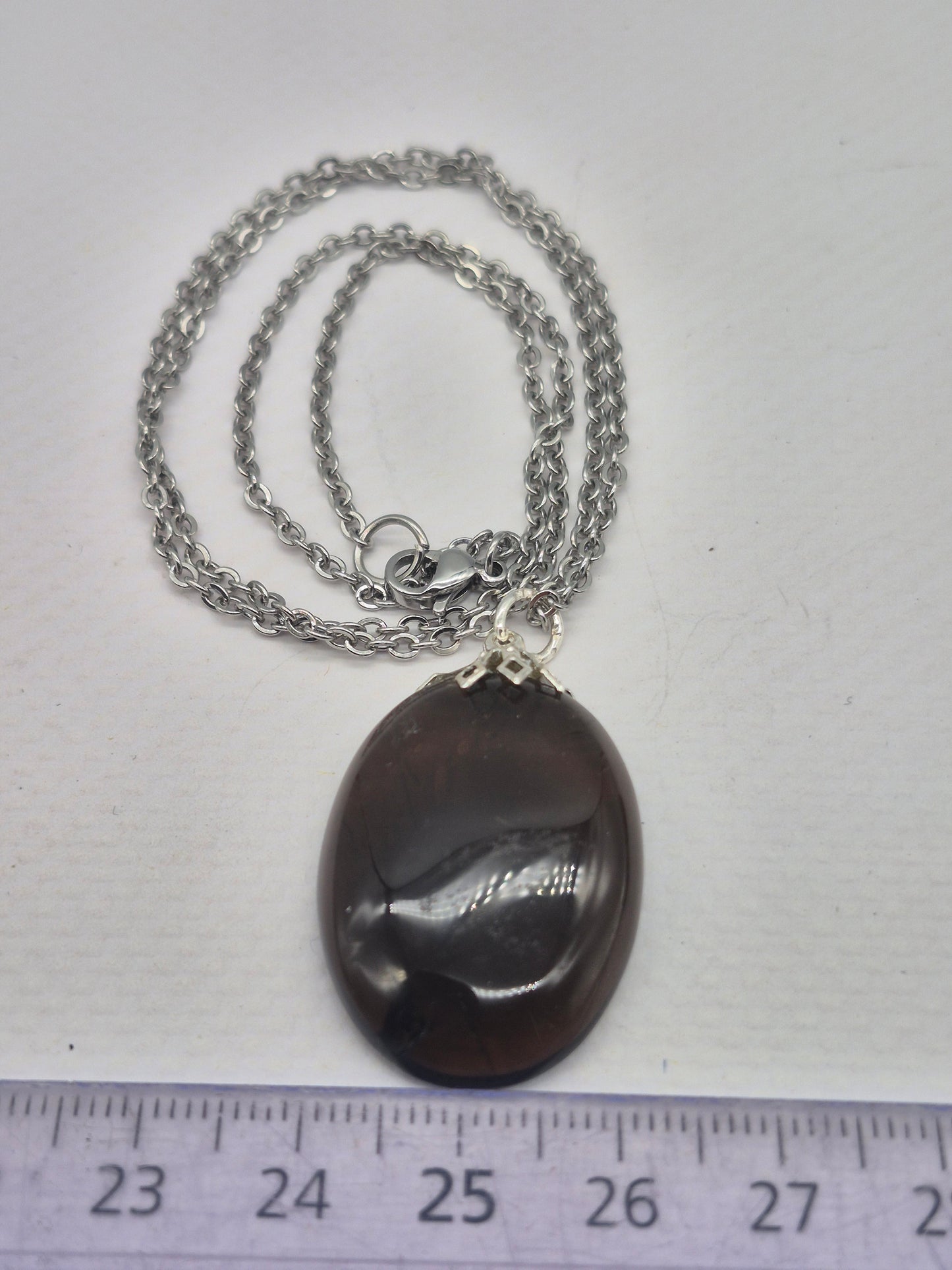 Smoked Quartz Oval Shaped Silver Hoop, Stailnless steel Chain, Healing Crystal