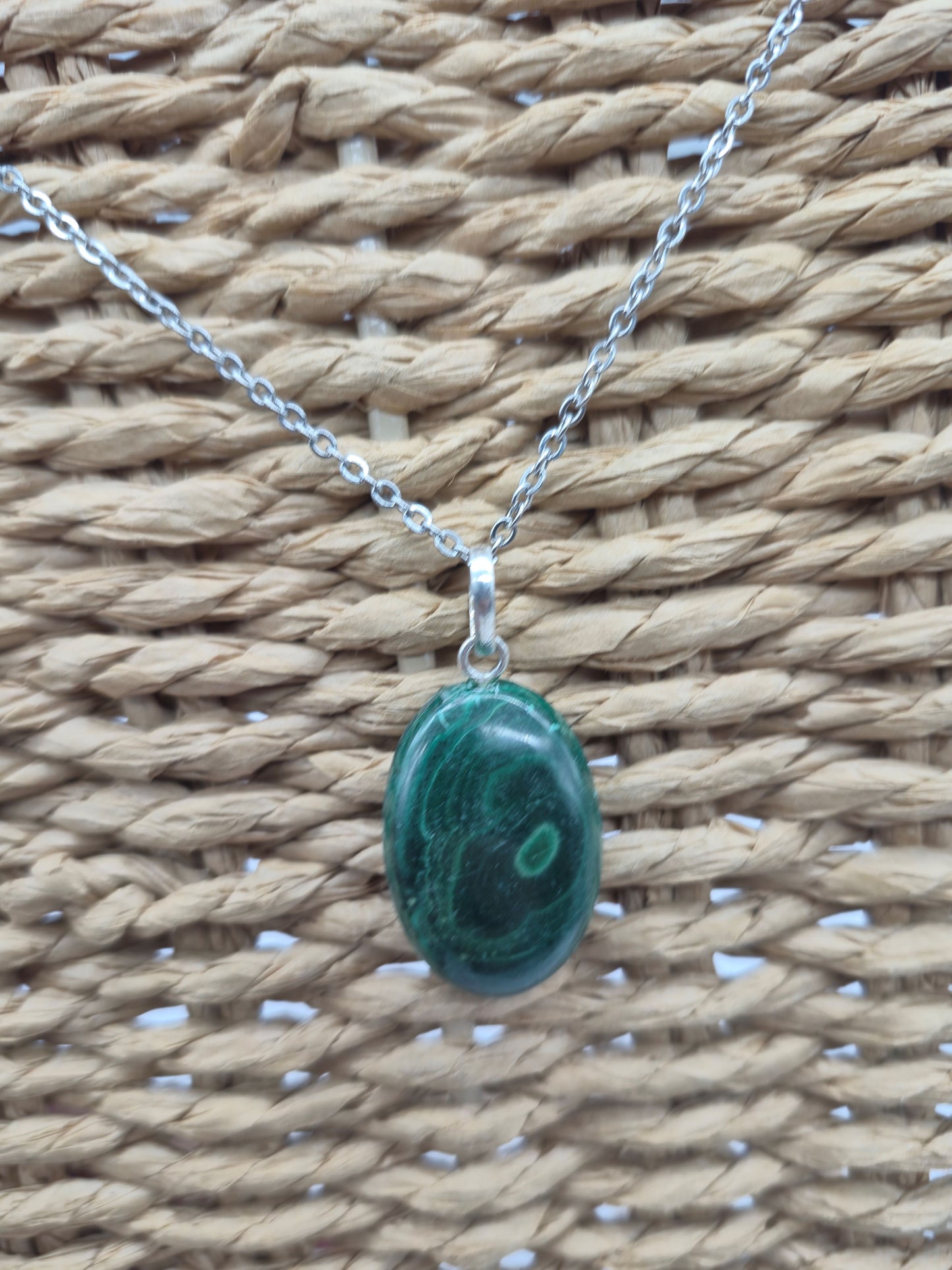 Handmade Malachite Oval Pendant: Stailnless steel Chain, Healing Crystal