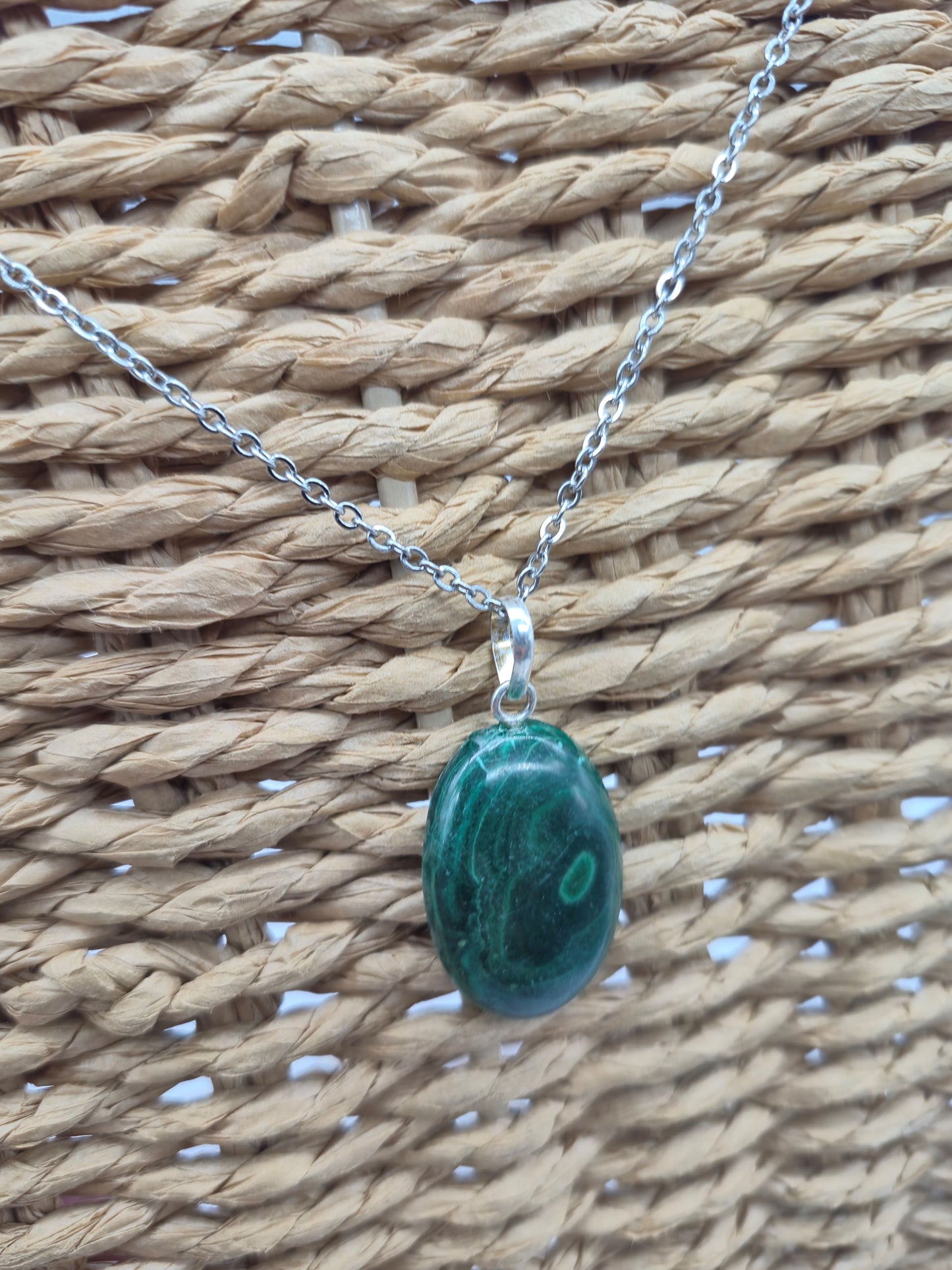 Handmade Malachite Oval Pendant: Stailnless steel Chain, Healing Crystal