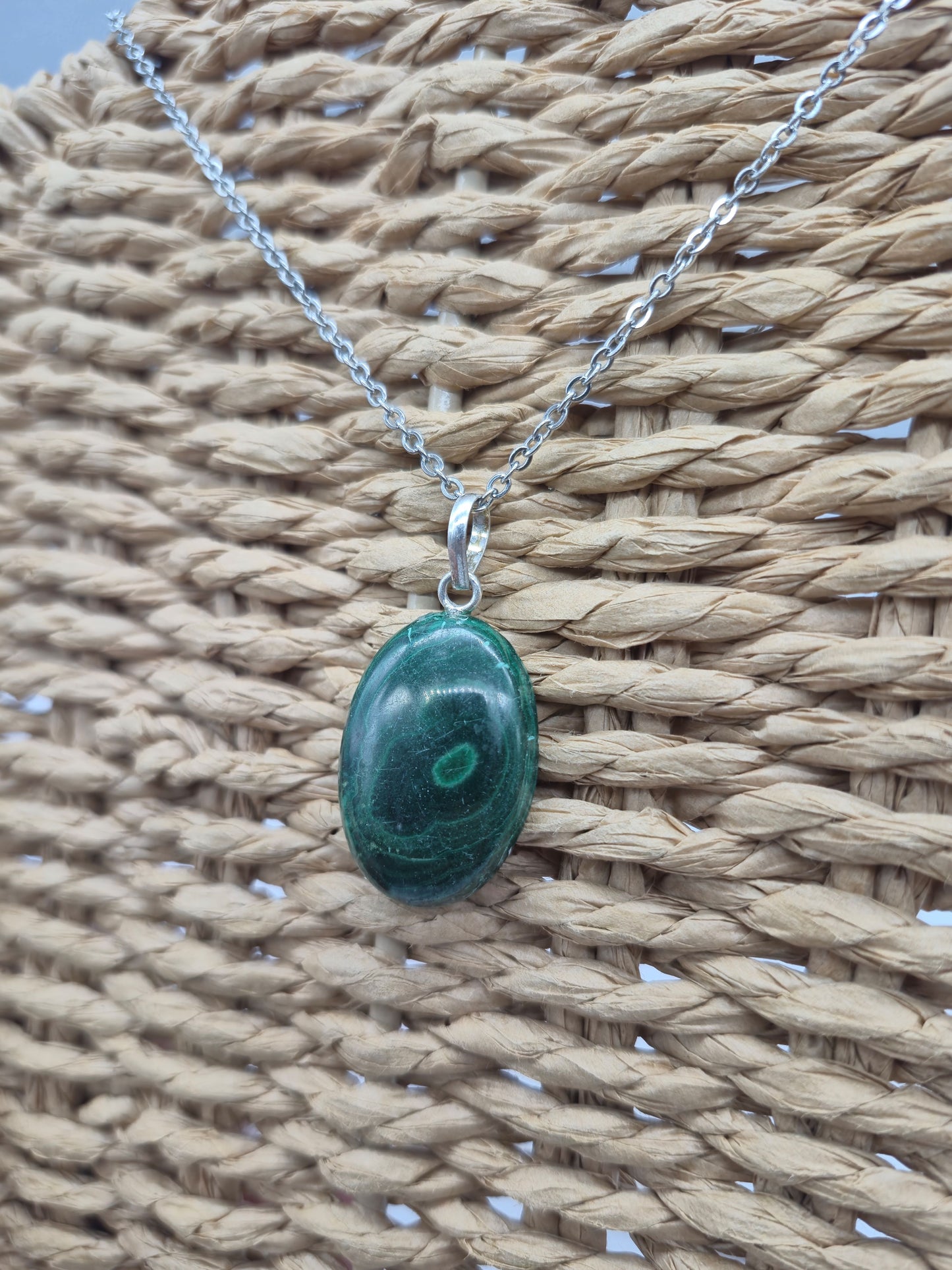 Handmade Malachite Oval Pendant: Stailnless steel Chain, Healing Crystal