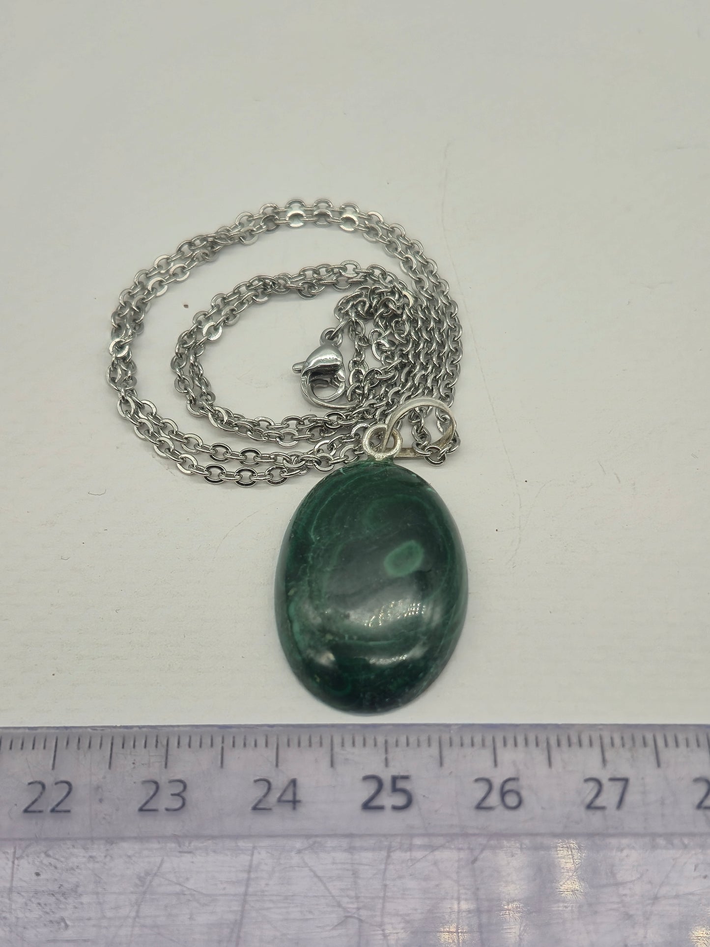 Handmade Malachite Oval Pendant: Stailnless steel Chain, Healing Crystal