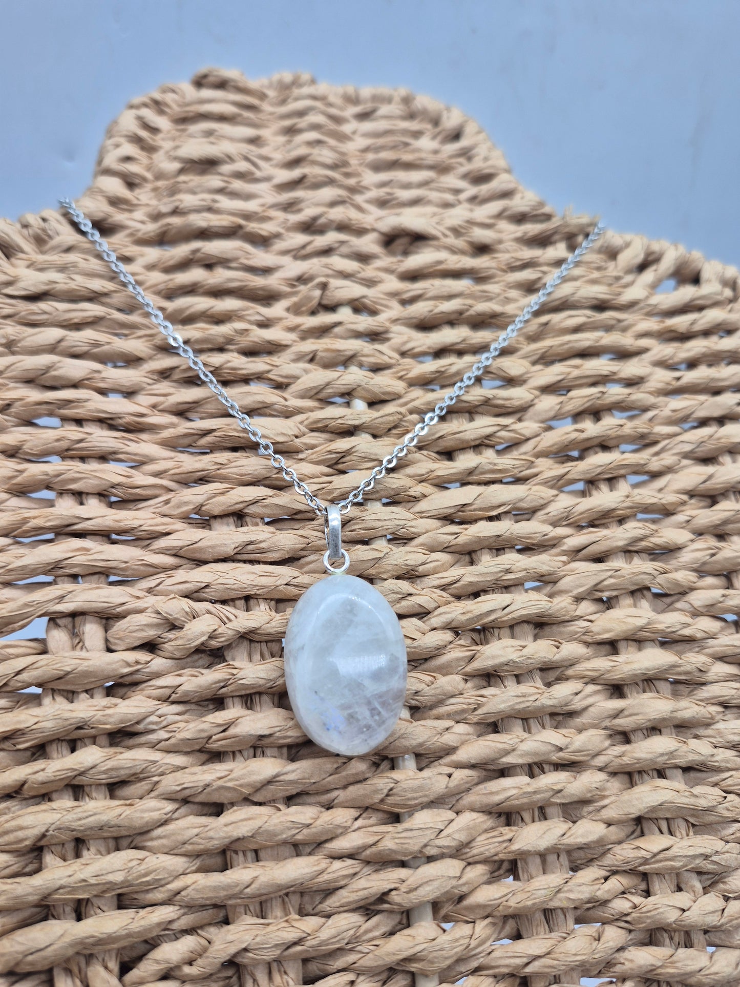 Moonstone Pendant Oval Shaped Silver Hoop, Stailnless steel Chain, Healing Crystal