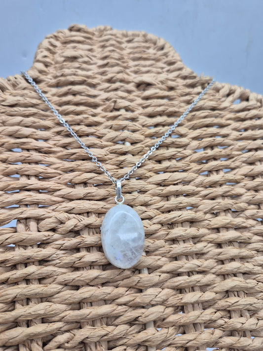 Moonstone Pendant Oval Shaped Silver Hoop, Stailnless steel Chain, Healing Crystal