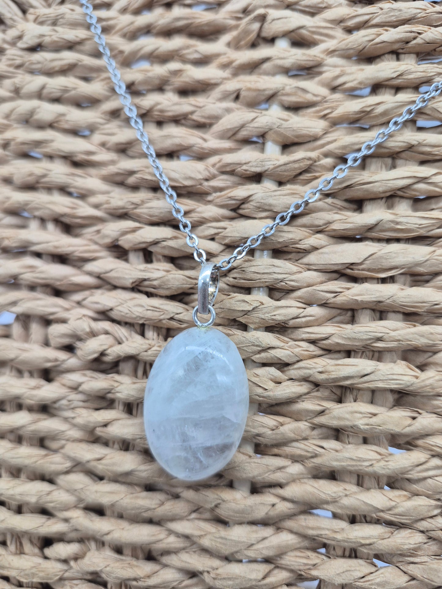 Moonstone Pendant Oval Shaped Silver Hoop, Stailnless steel Chain, Healing Crystal