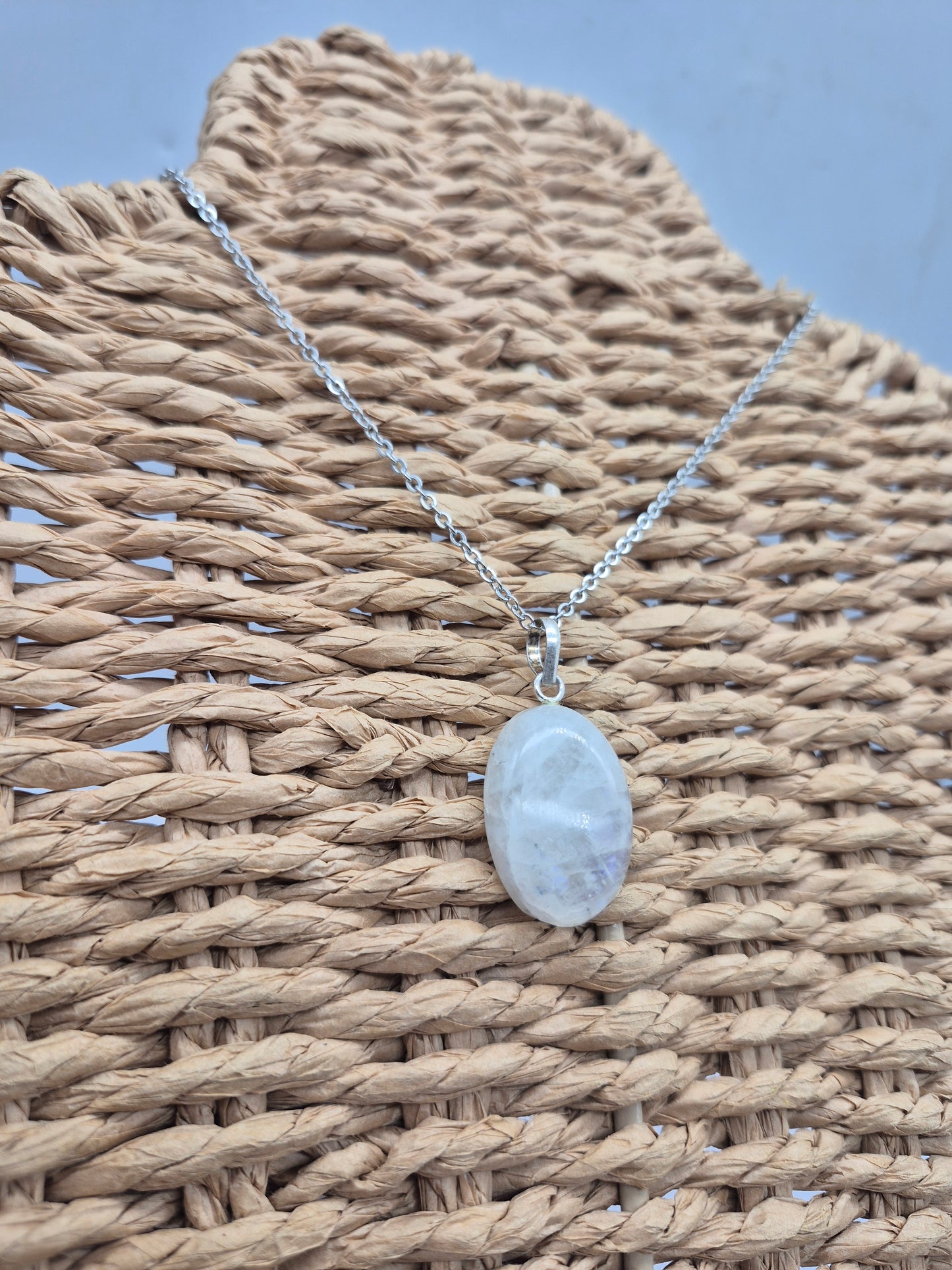 Moonstone Pendant Oval Shaped Silver Hoop, Stailnless steel Chain, Healing Crystal
