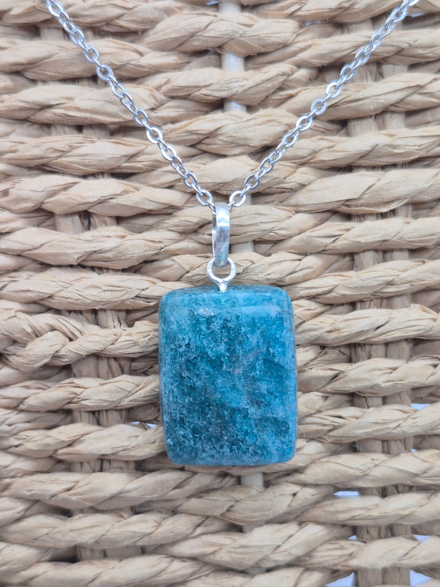 Blue Apatite Crystal Necklace Silver Hoop, Stailnless steel Chain, Healing Crystal