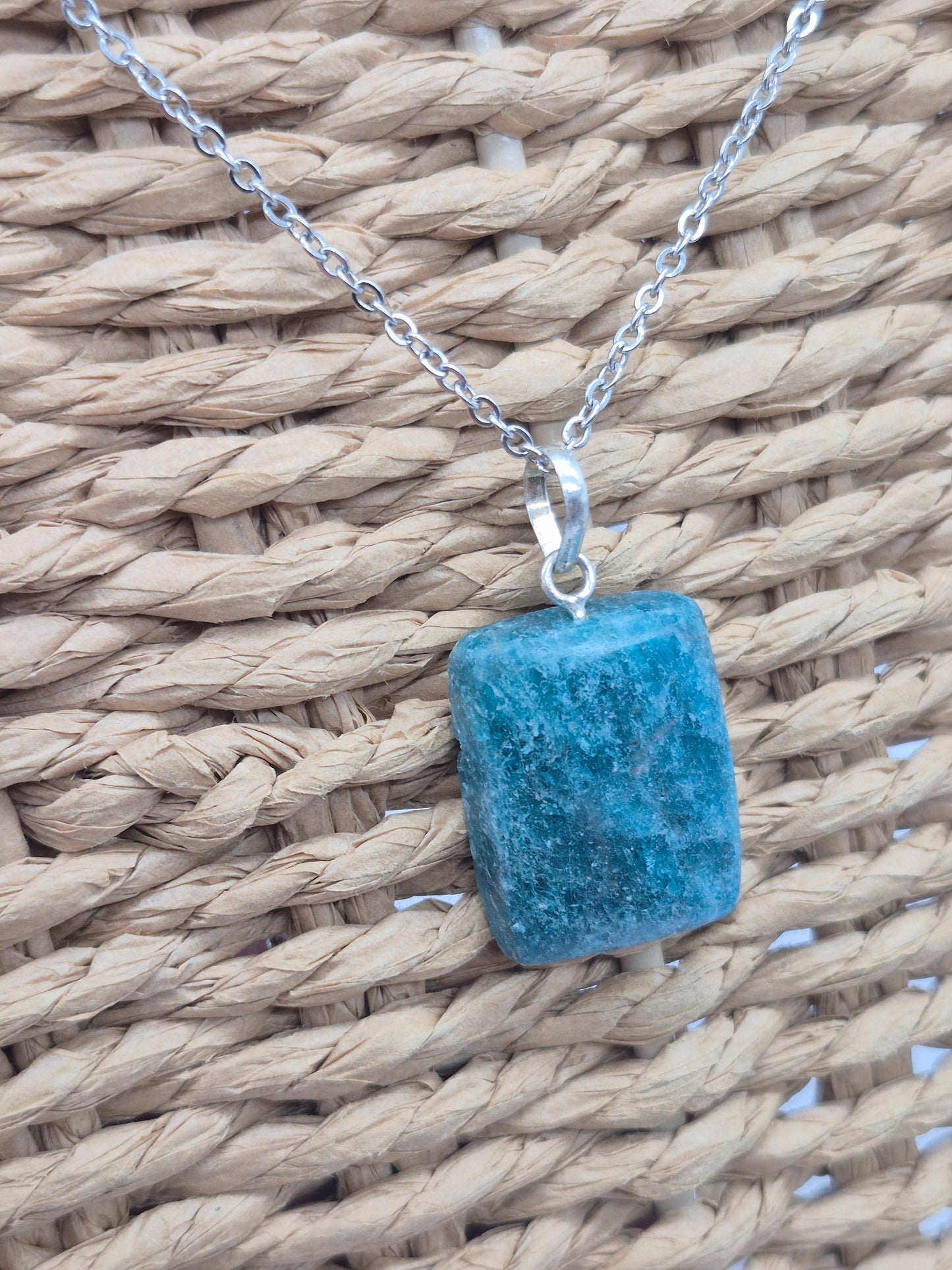 Blue Apatite Crystal Necklace Silver Hoop, Stailnless steel Chain, Healing Crystal