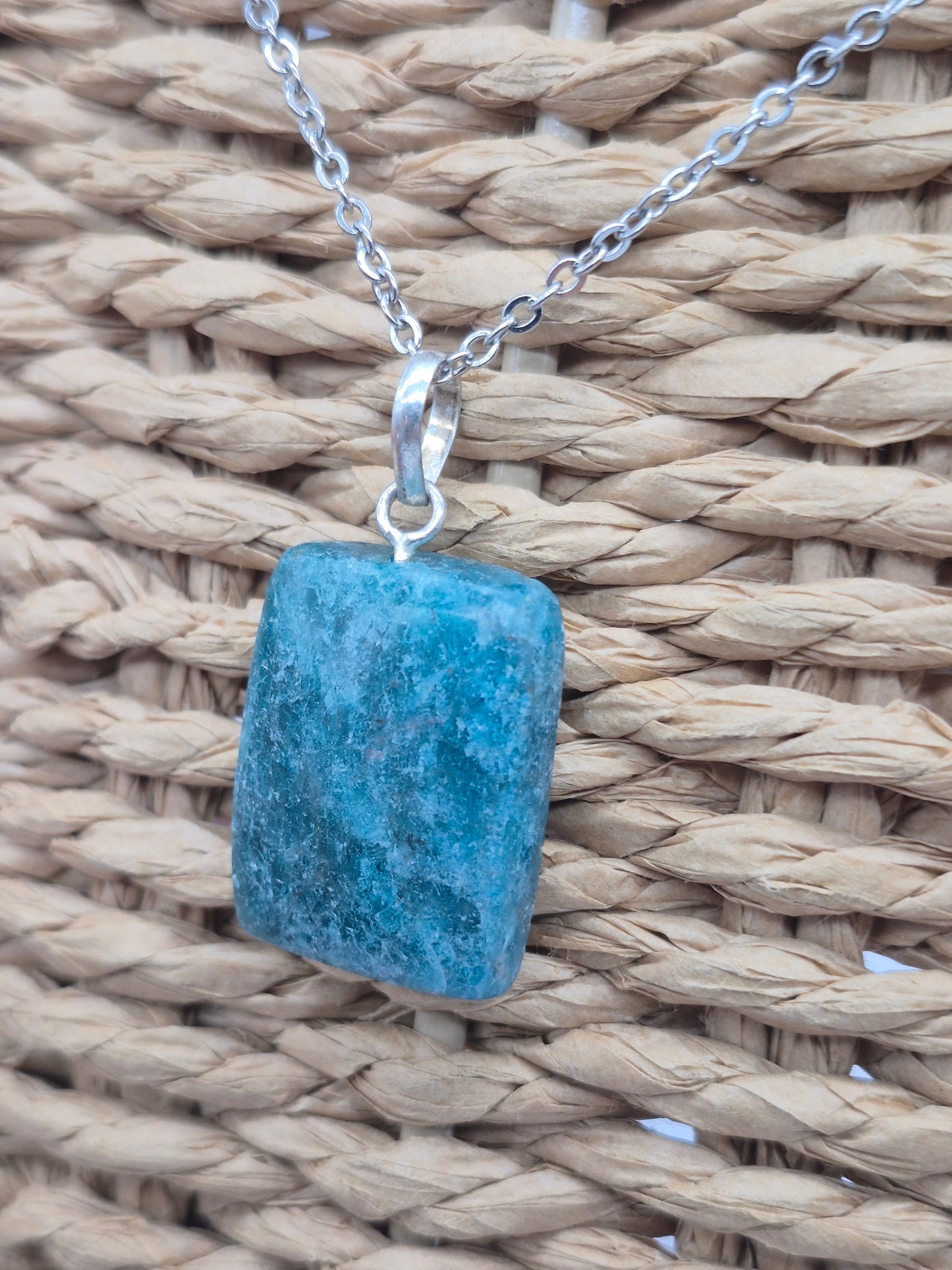 Blue Apatite Crystal Necklace Silver Hoop, Stailnless steel Chain, Healing Crystal