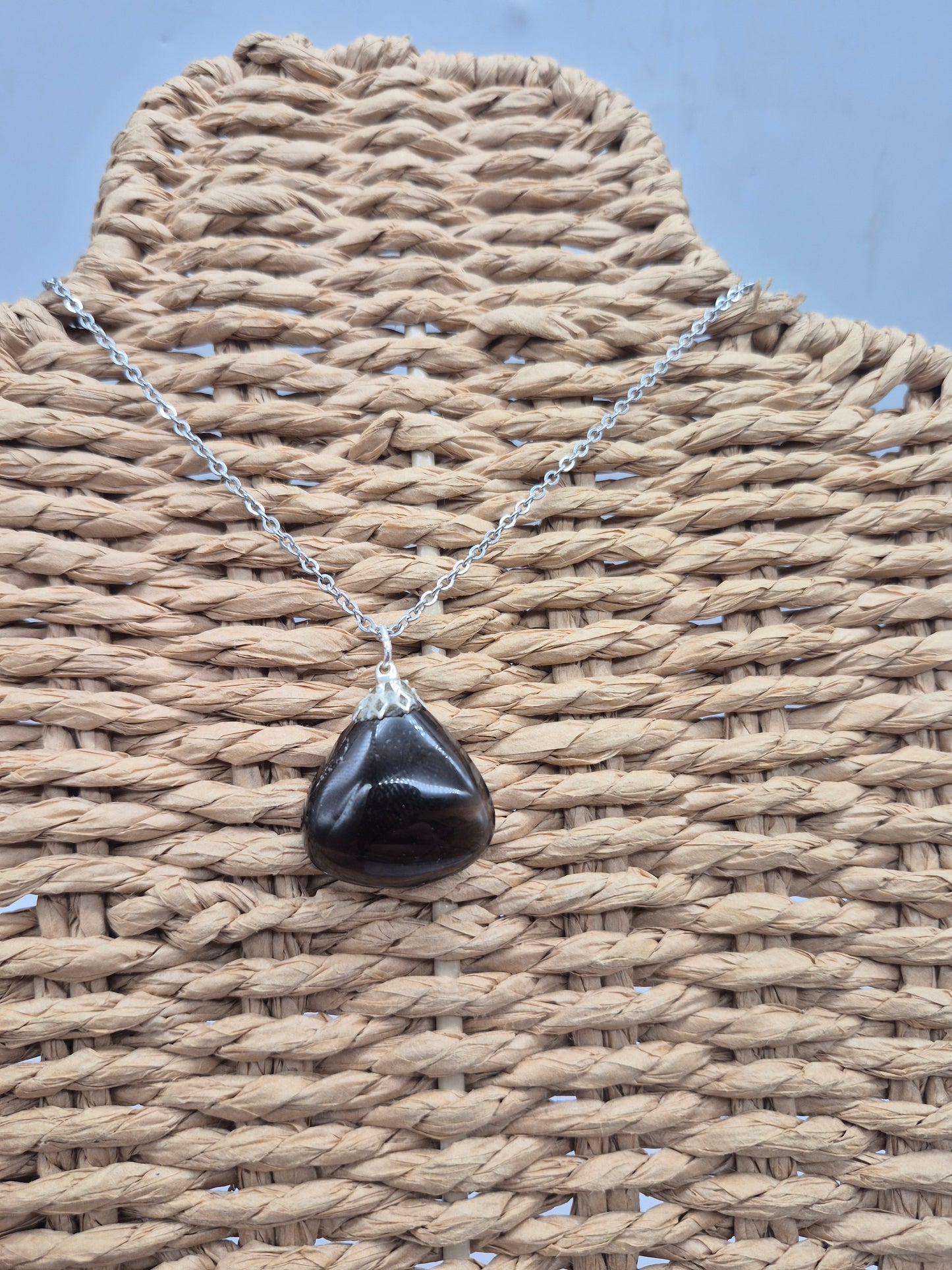 Smoked Quartz Teardrop Shaped Silver Hoop, Stailnless steel Chain, Healing Crystal