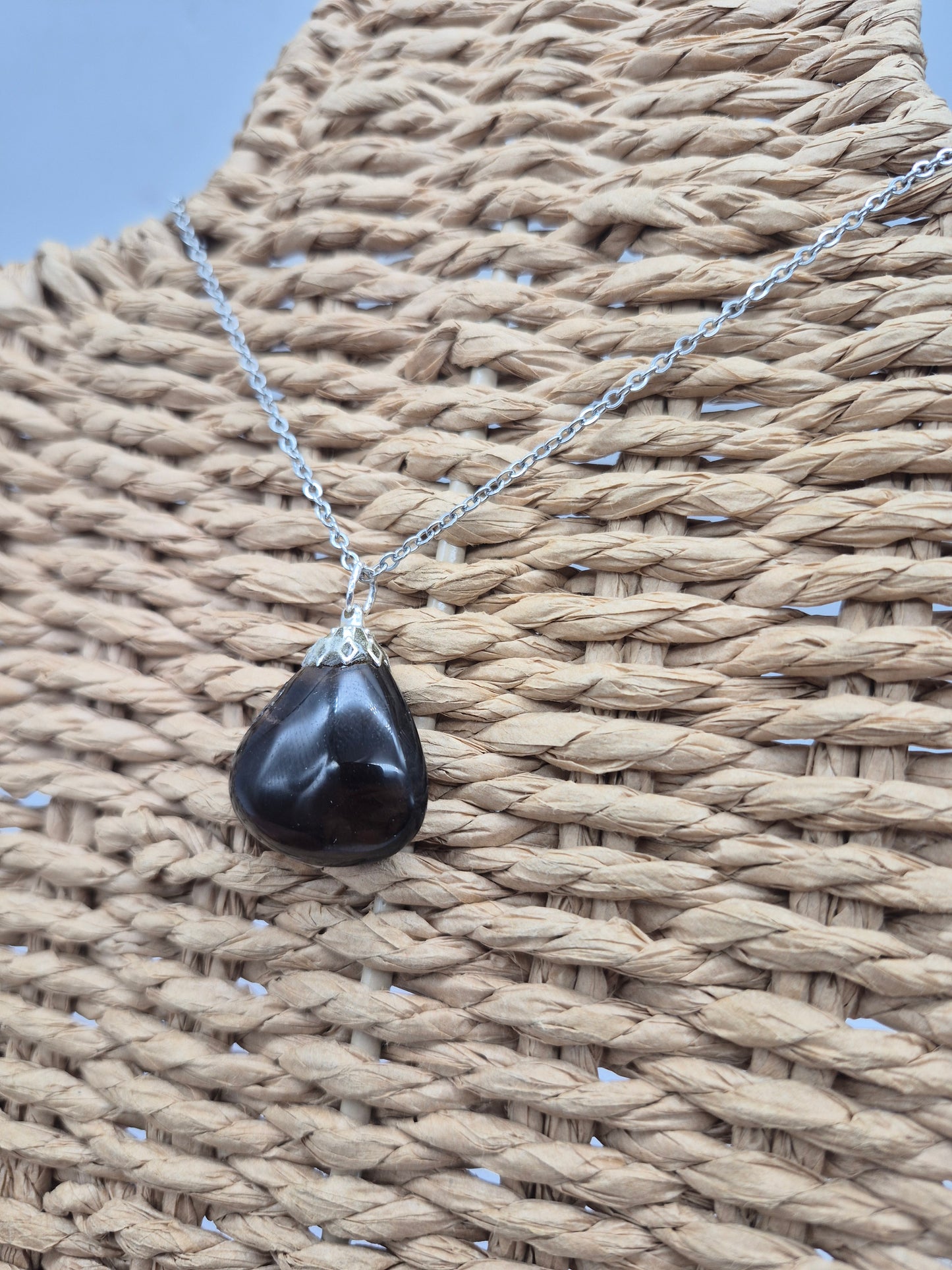Smoked Quartz Teardrop Shaped Silver Hoop, Stailnless steel Chain, Healing Crystal