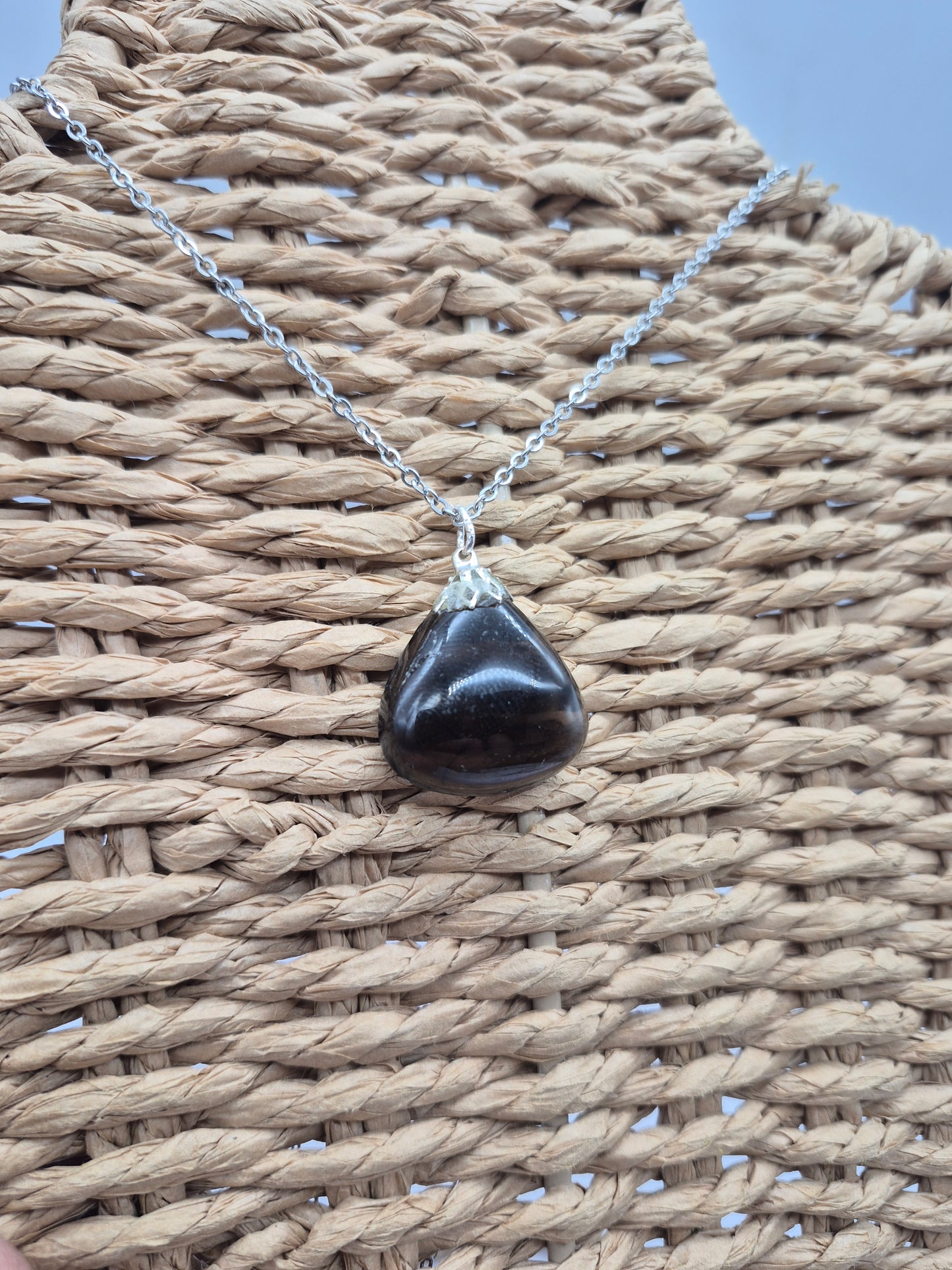 Smoked Quartz Teardrop Shaped Silver Hoop, Stailnless steel Chain, Healing Crystal