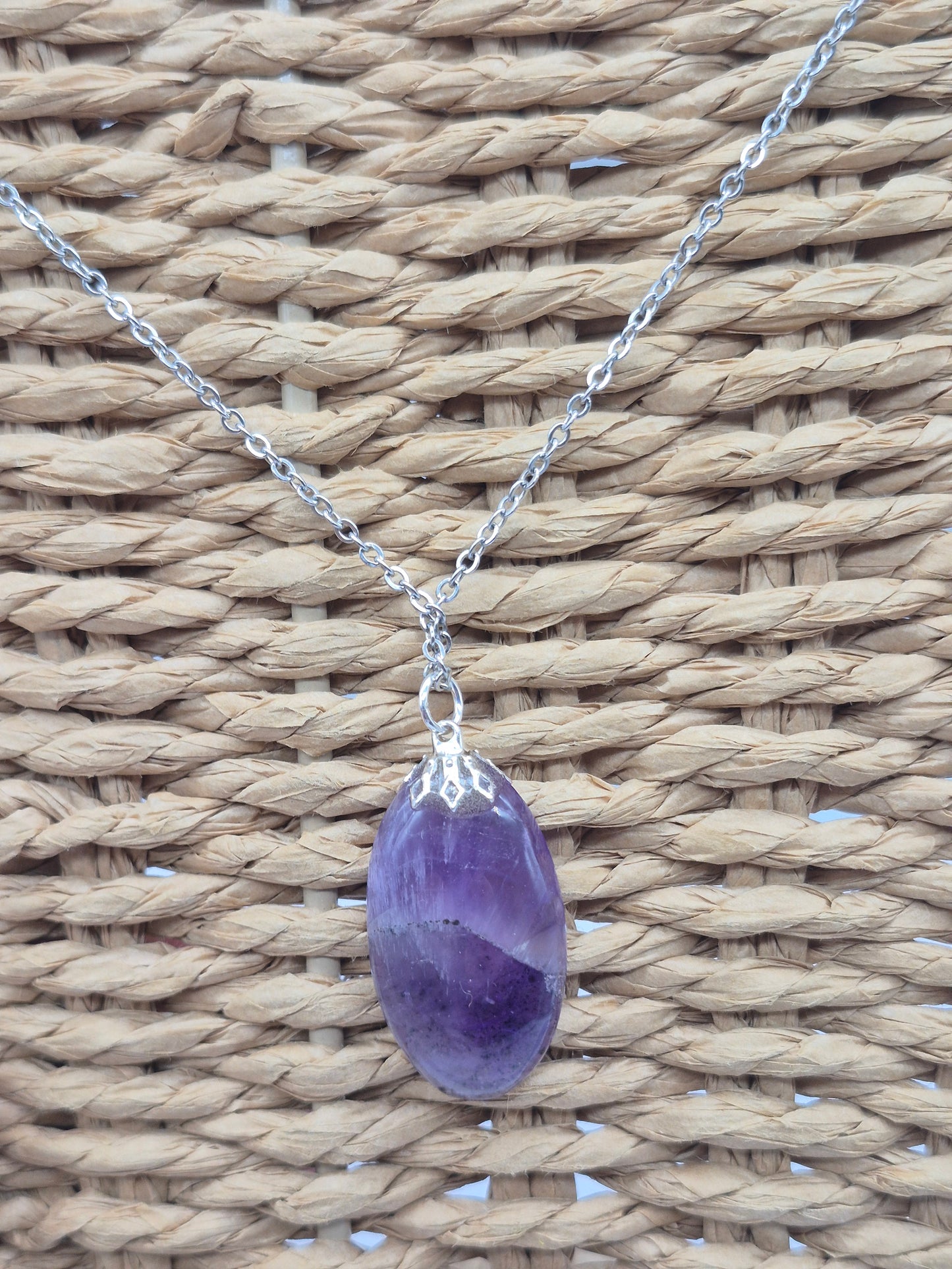 Amethyst Pendant Silver Hoop, Stailnless steel Chain, Healing Crystal