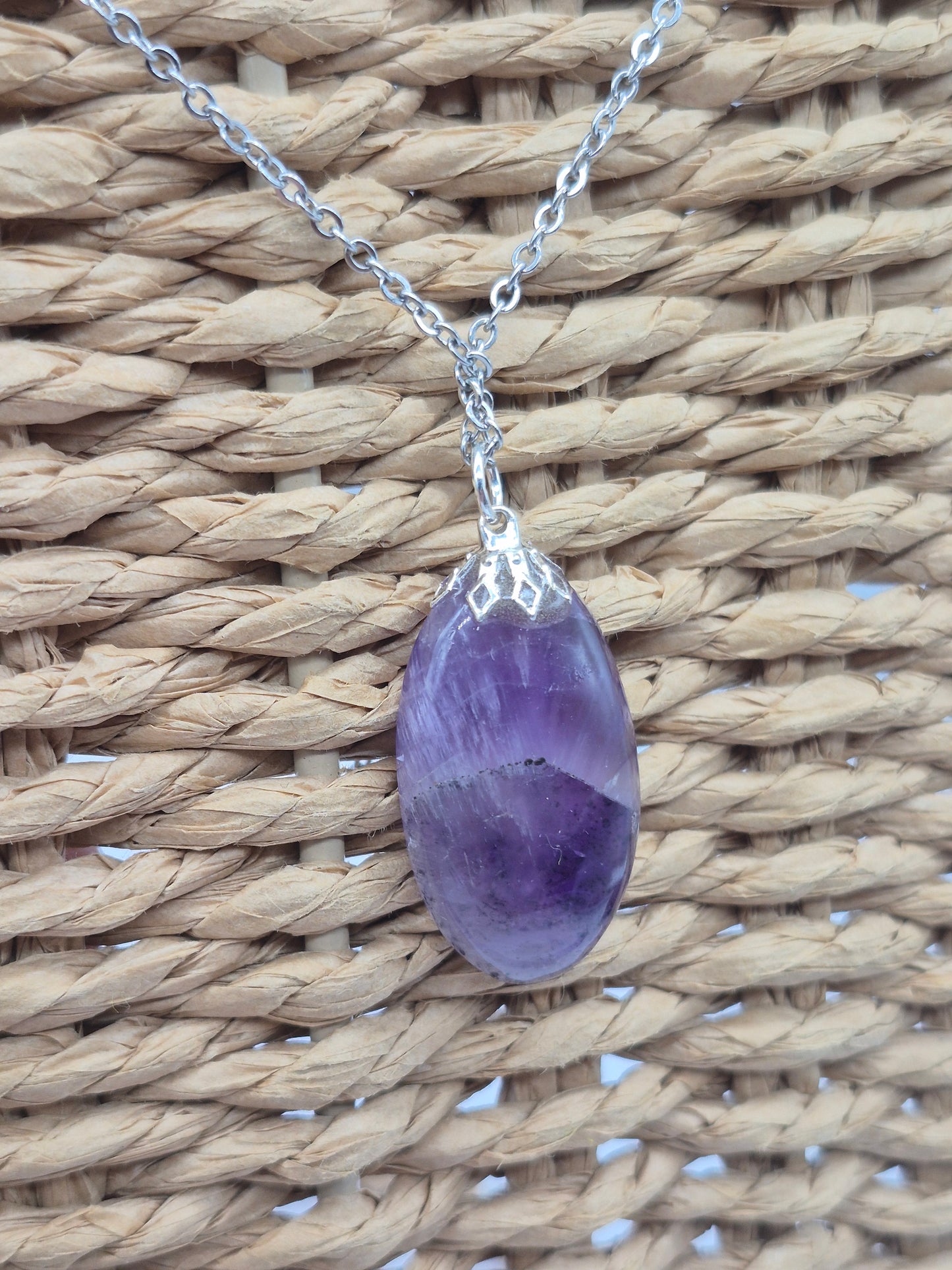 Amethyst Pendant Silver Hoop, Stailnless steel Chain, Healing Crystal