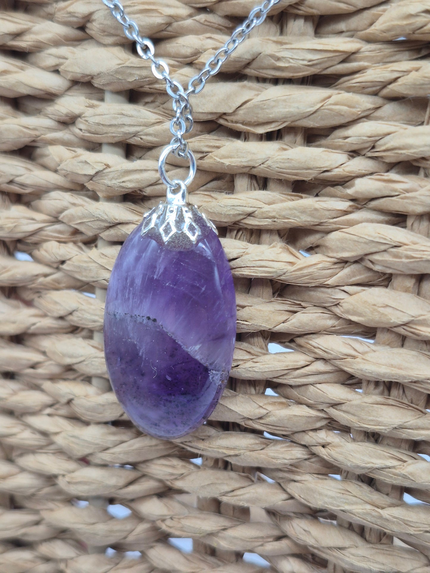 Amethyst Pendant Silver Hoop, Stailnless steel Chain, Healing Crystal
