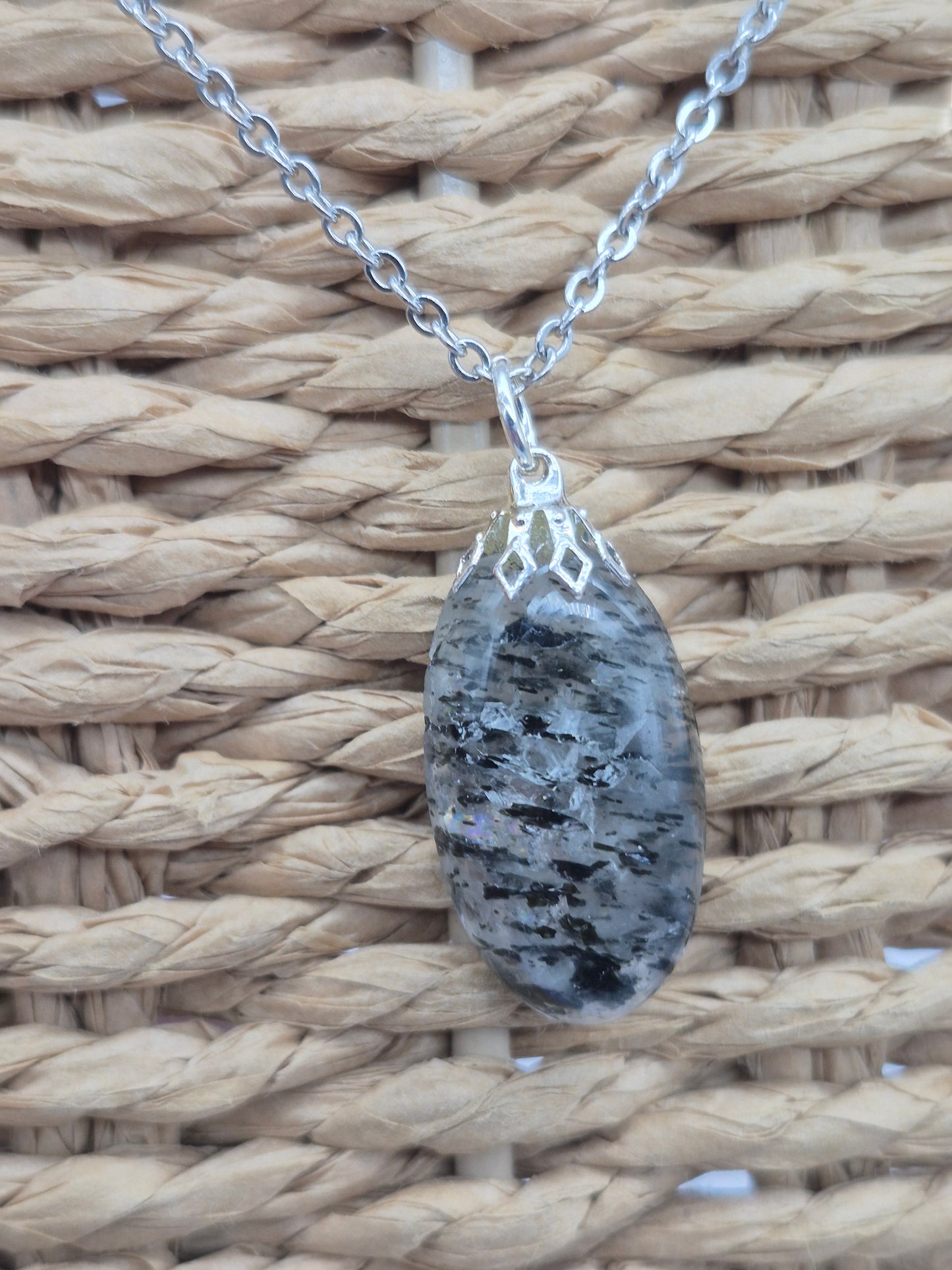 Quartz with Black Tourmaline Necklace  Protection & Cleansing Crystal Silver Hoop, Stailnless steel Chain