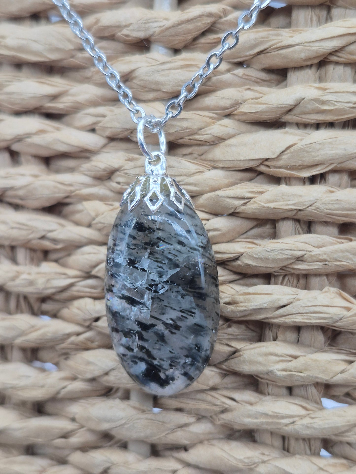 Quartz with Black Tourmaline Necklace  Protection & Cleansing Crystal Silver Hoop, Stailnless steel Chain