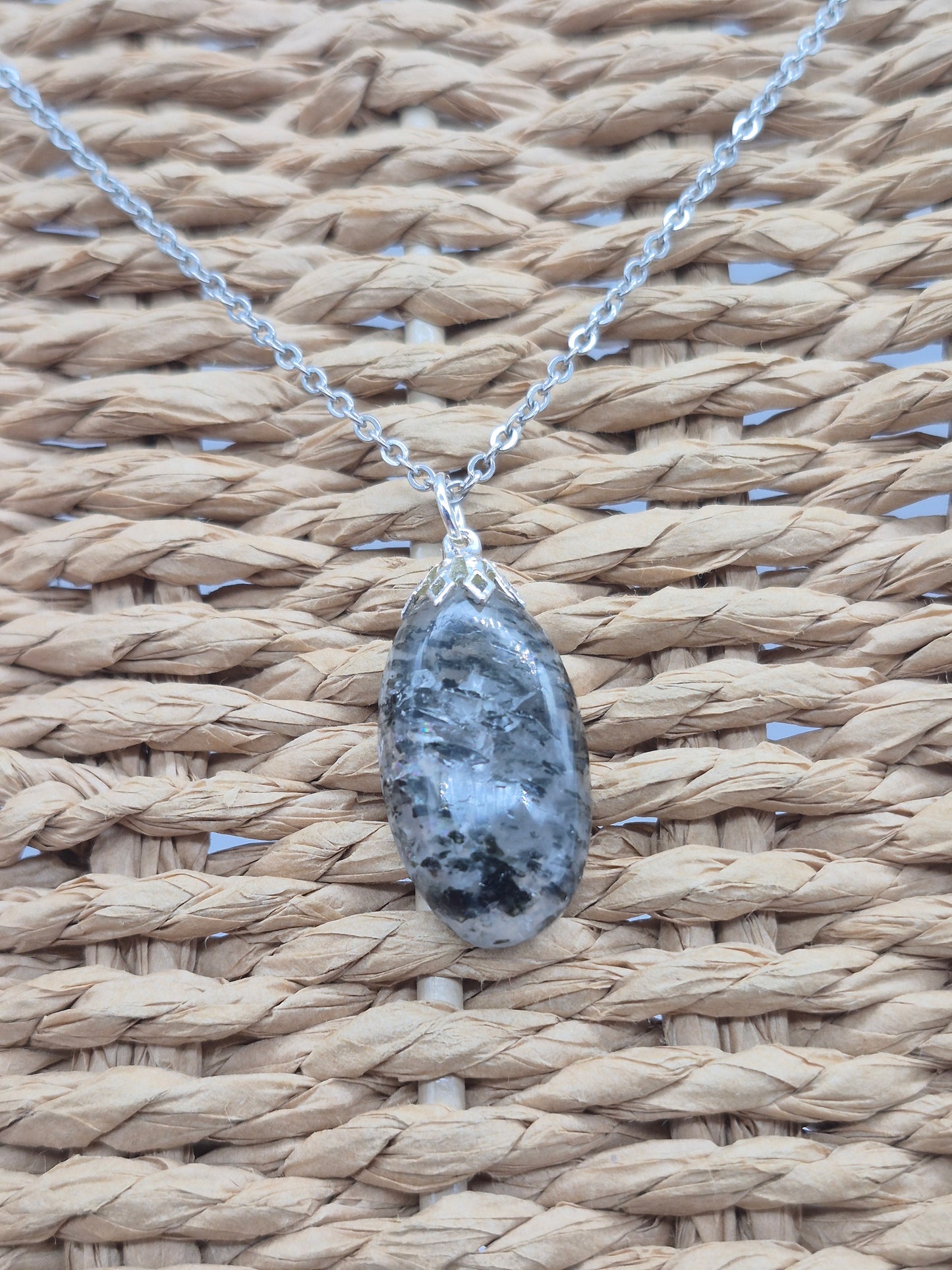 Quartz with Black Tourmaline Necklace  Protection & Cleansing Crystal Silver Hoop, Stailnless steel Chain