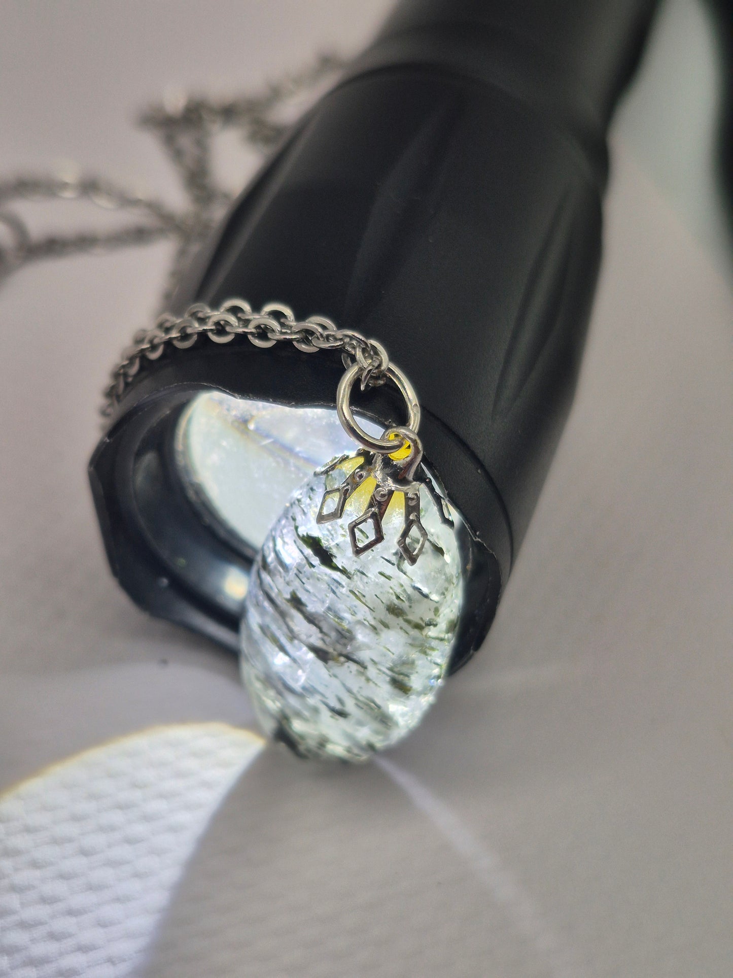 Quartz with Black Tourmaline Necklace  Protection & Cleansing Crystal Silver Hoop, Stailnless steel Chain
