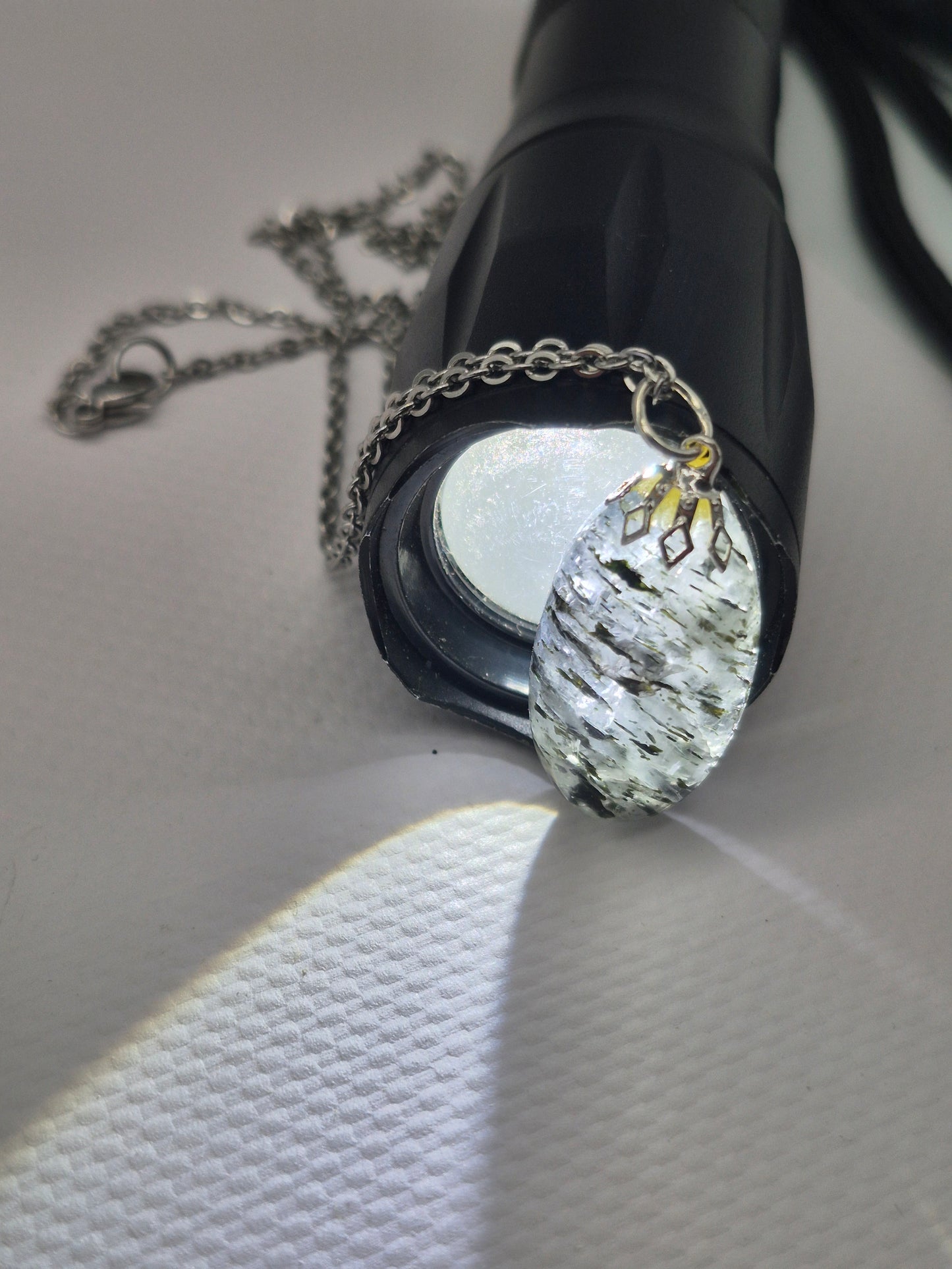 Quartz with Black Tourmaline Necklace  Protection & Cleansing Crystal Silver Hoop, Stailnless steel Chain