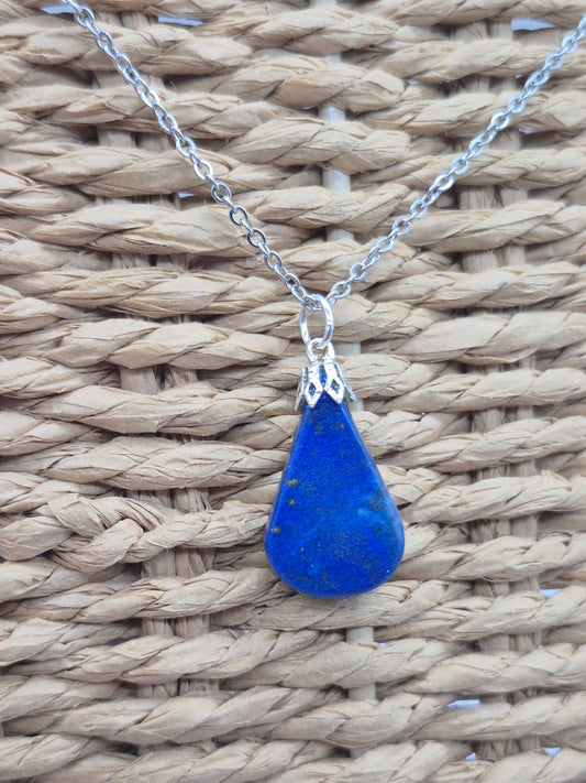 Lapis Lazuli Crystal Necklace, Lapis Lazuli Pendant Silver Hoop