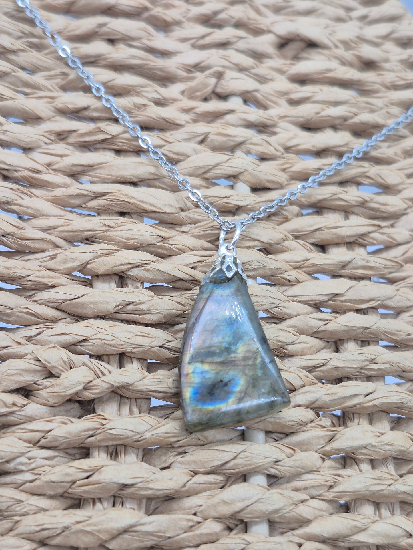 Labradorite Pendant Silver Hoop, Stailness steel Chain, Healing Crystal