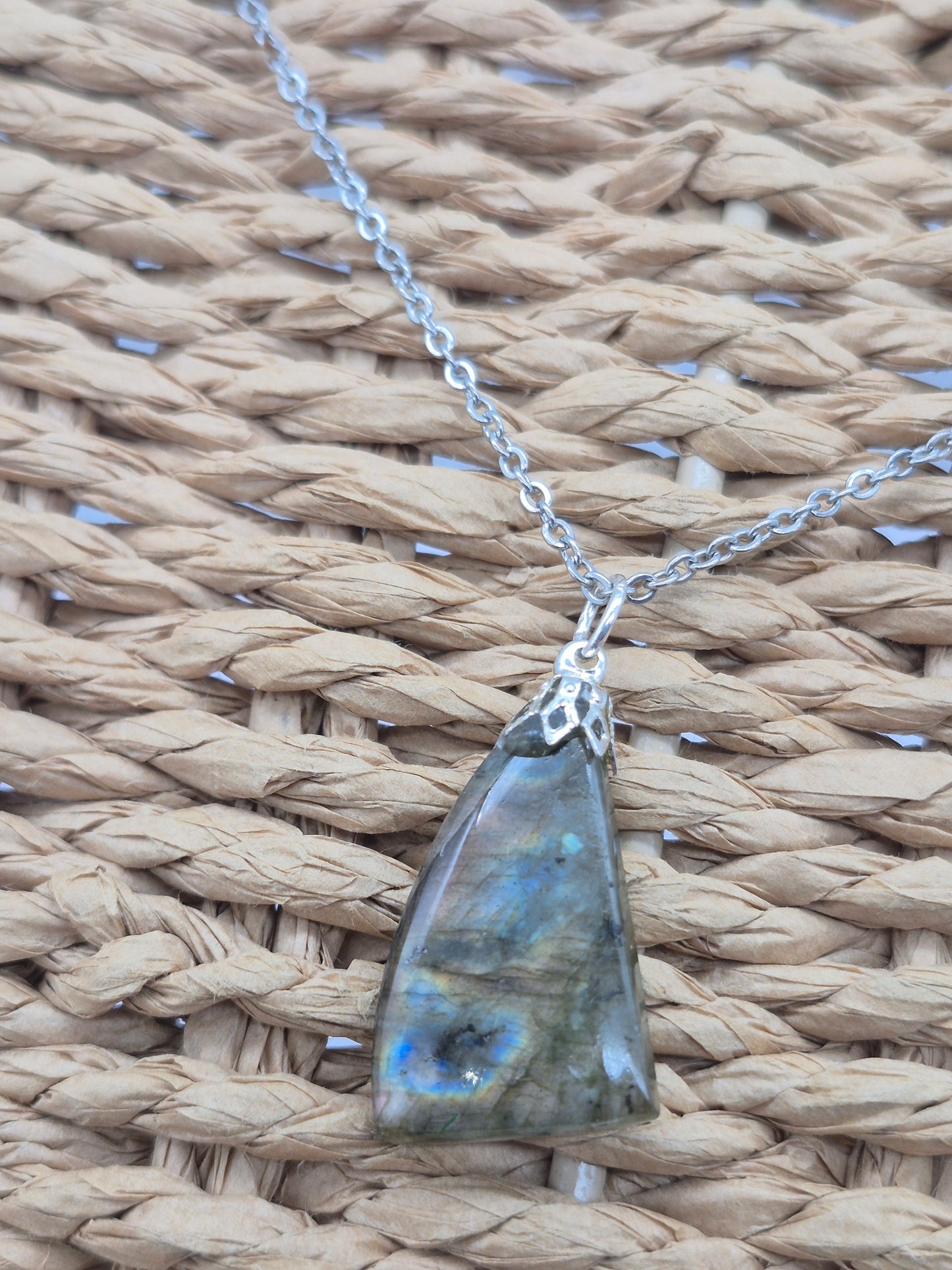Labradorite Pendant Silver Hoop, Stailness steel Chain, Healing Crystal