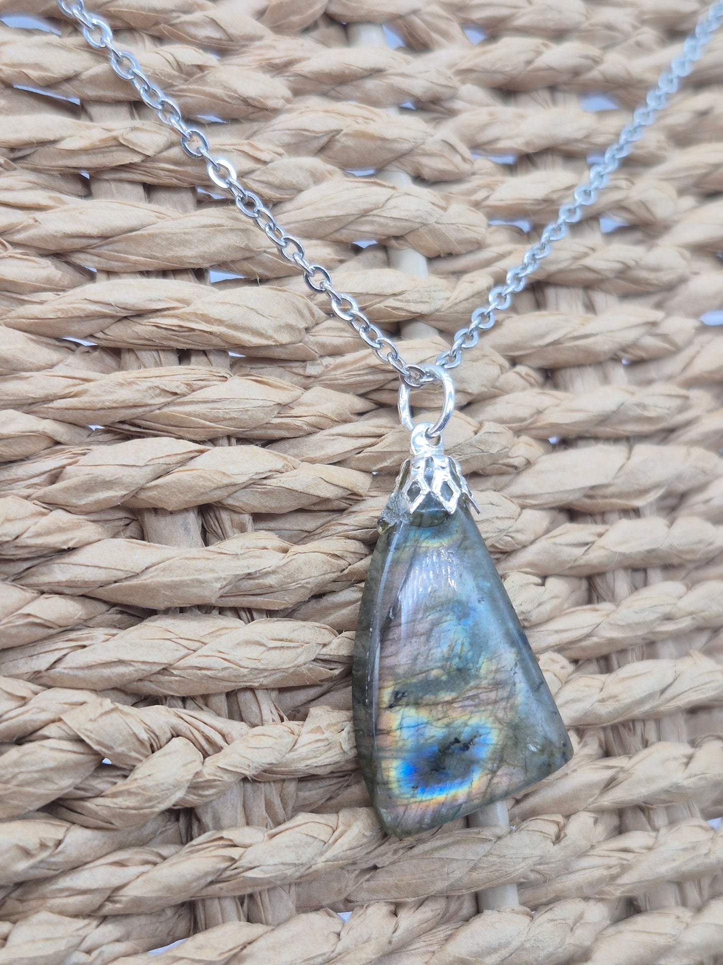 Labradorite Pendant Silver Hoop, Stailness steel Chain, Healing Crystal