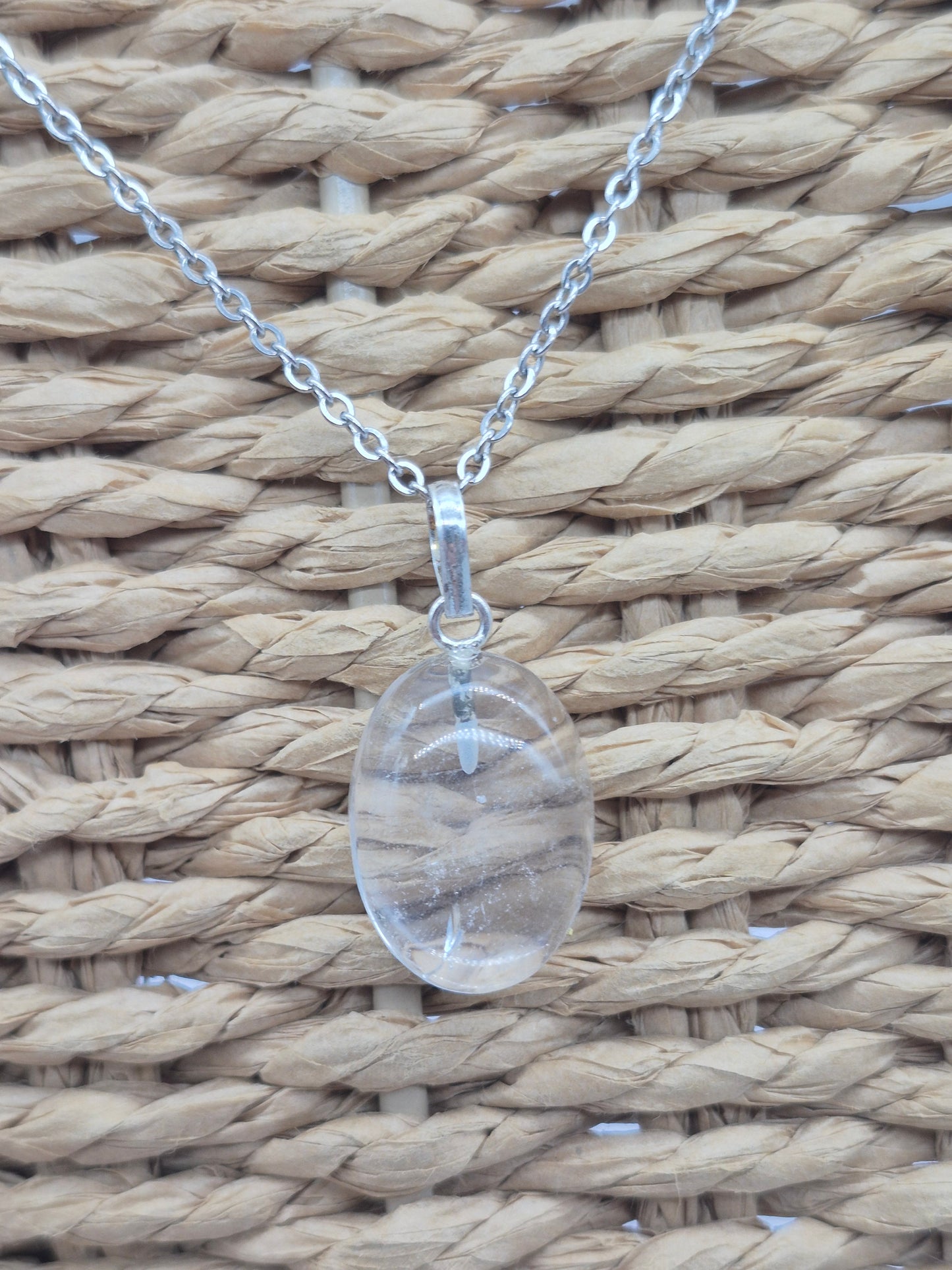 Clear Quartz Necklace Oval Shaped Silver Hoop, Stailnless steel Chain, Healing Crystal