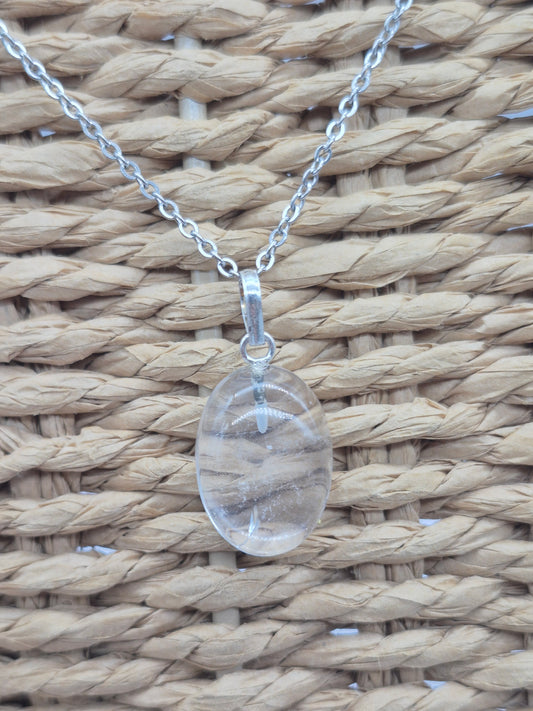 Clear Quartz Necklace Oval Shaped Silver Hoop, Stailnless steel Chain, Healing Crystal