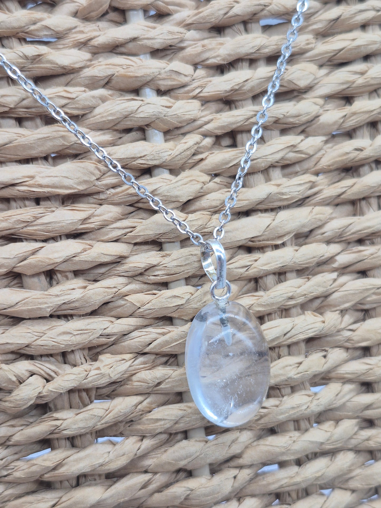 Clear Quartz Necklace Oval Shaped Silver Hoop, Stailnless steel Chain, Healing Crystal