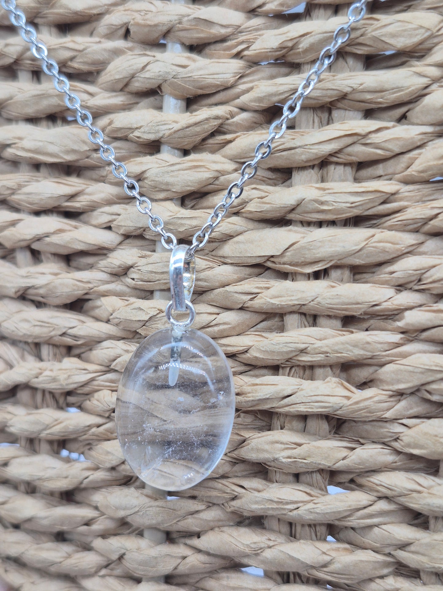 Clear Quartz Necklace Oval Shaped Silver Hoop, Stailnless steel Chain, Healing Crystal