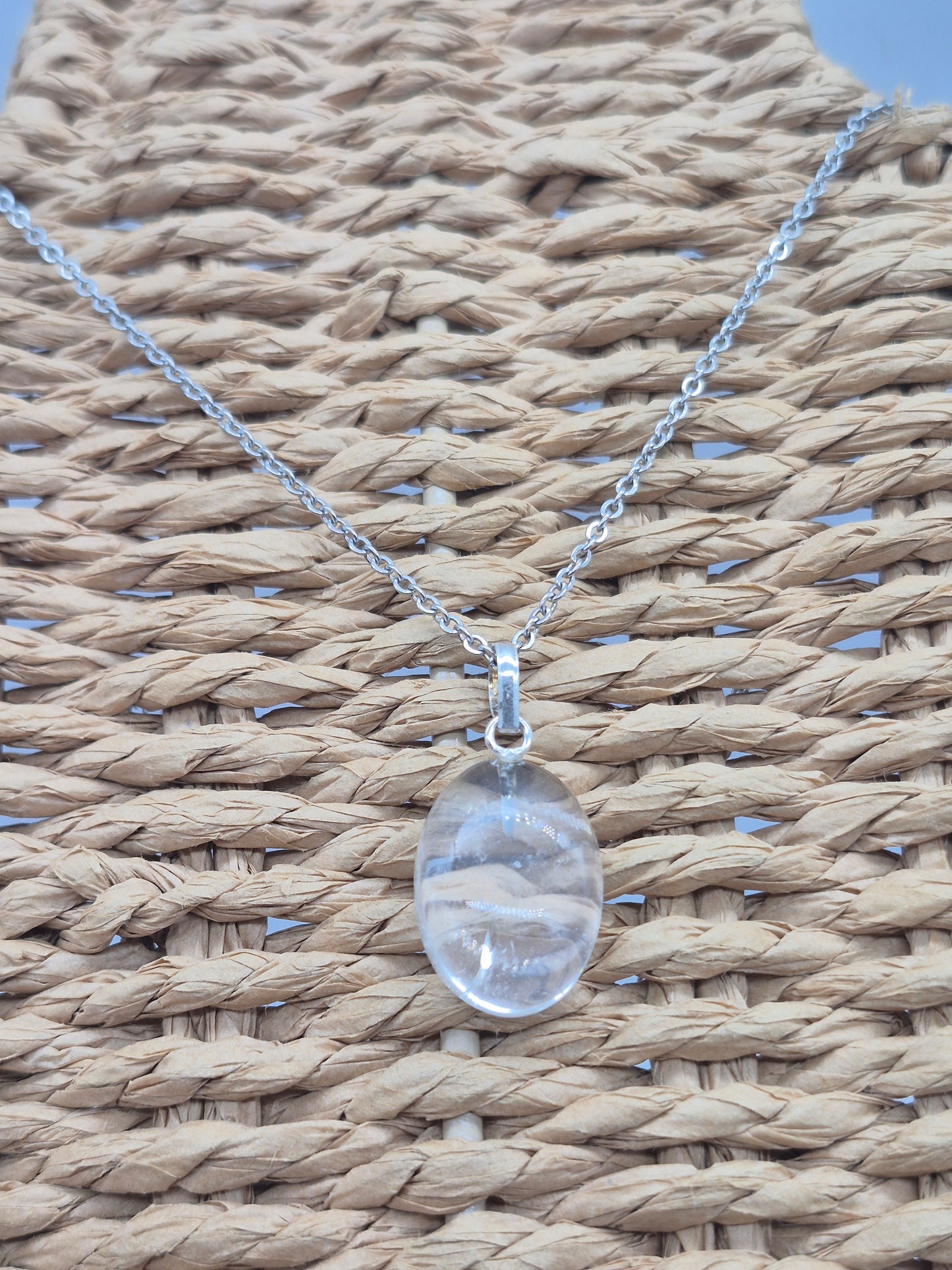 Clear Quartz Necklace Oval Shaped Silver Hoop, Stailnless steel Chain, Healing Crystal