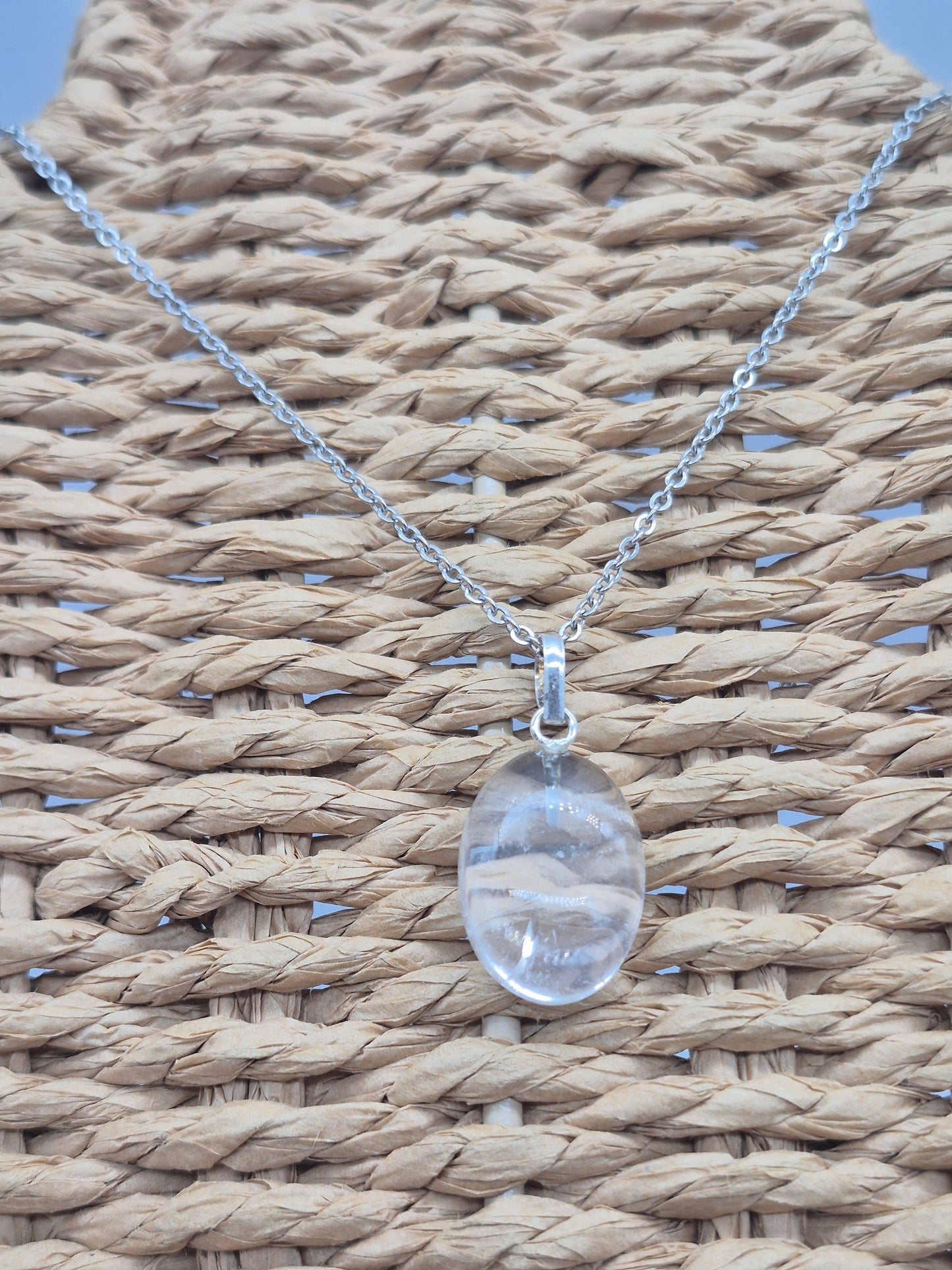 Clear Quartz Necklace Oval Shaped Silver Hoop, Stailnless steel Chain, Healing Crystal