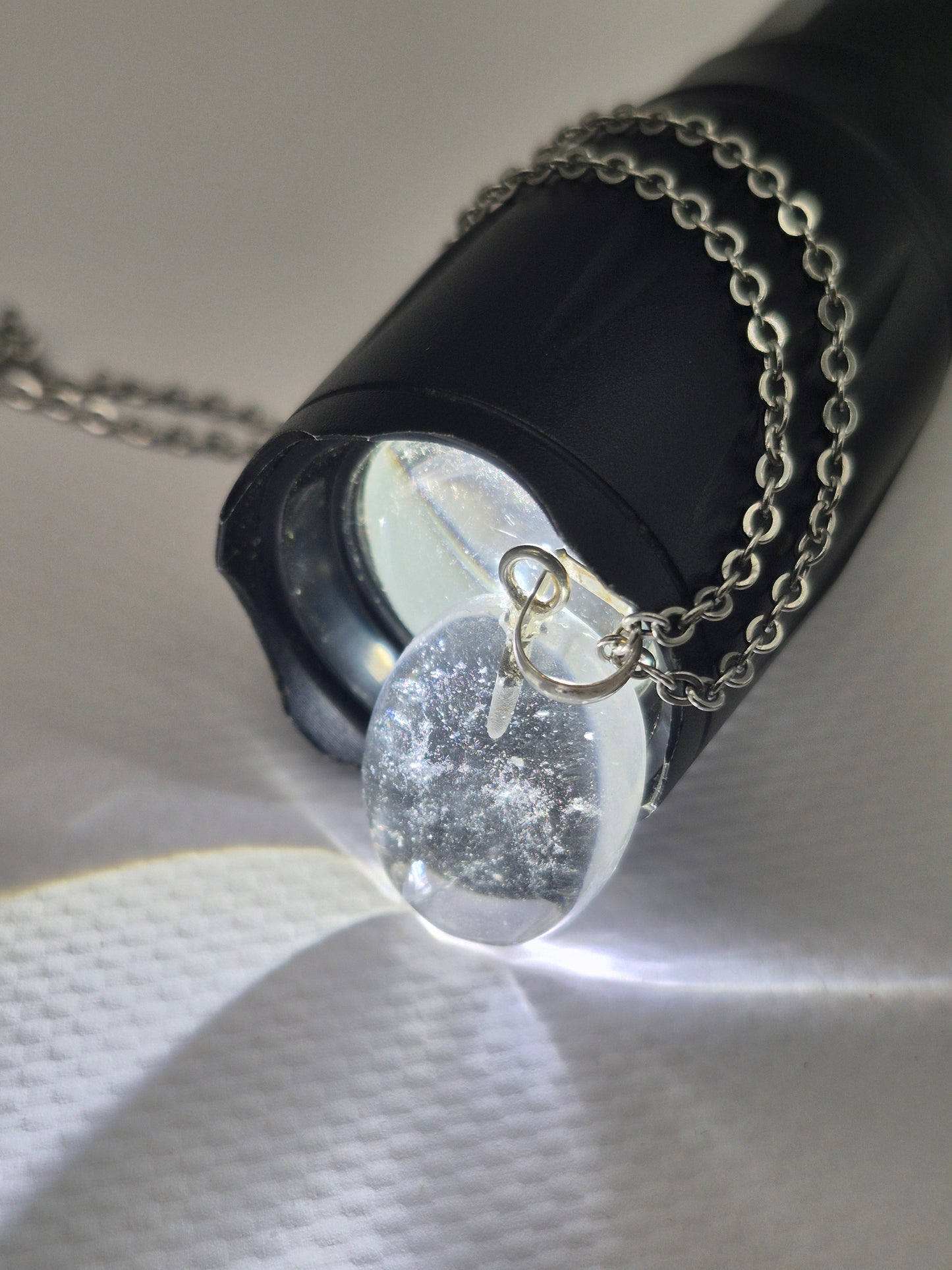 Clear Quartz Necklace Oval Shaped Silver Hoop, Stailnless steel Chain, Healing Crystal