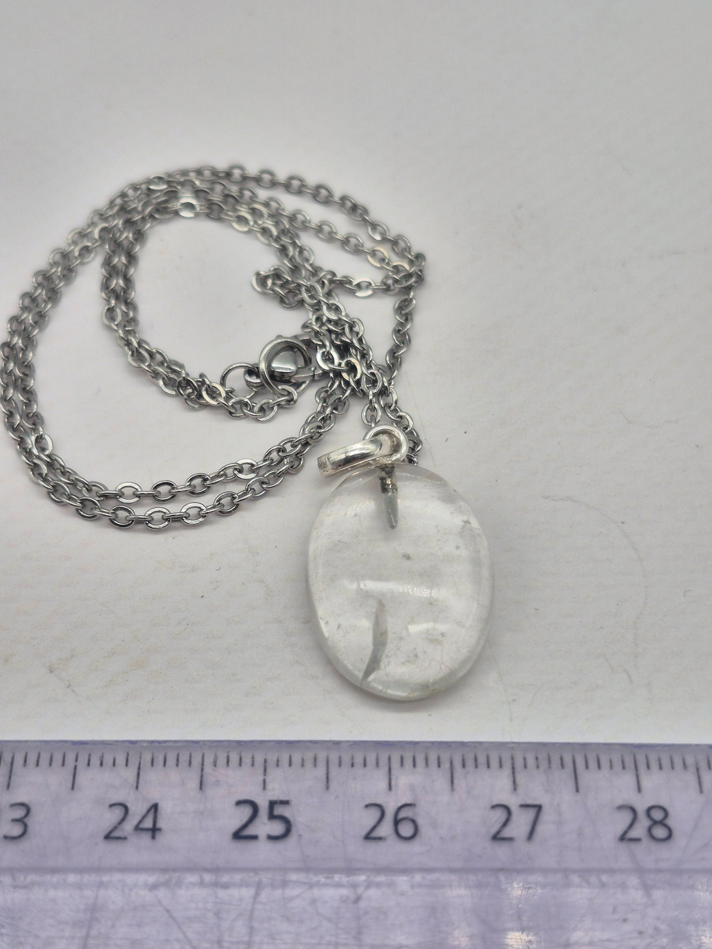 Clear Quartz Necklace Oval Shaped Silver Hoop, Stailnless steel Chain, Healing Crystal