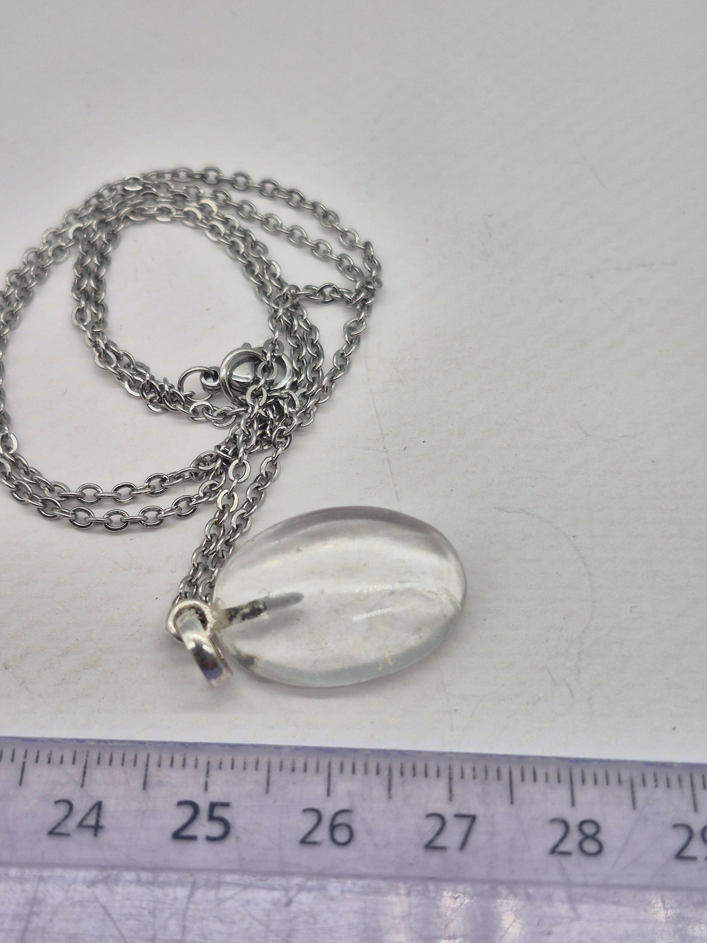 Clear Quartz Necklace Oval Shaped Silver Hoop, Stailnless steel Chain, Healing Crystal